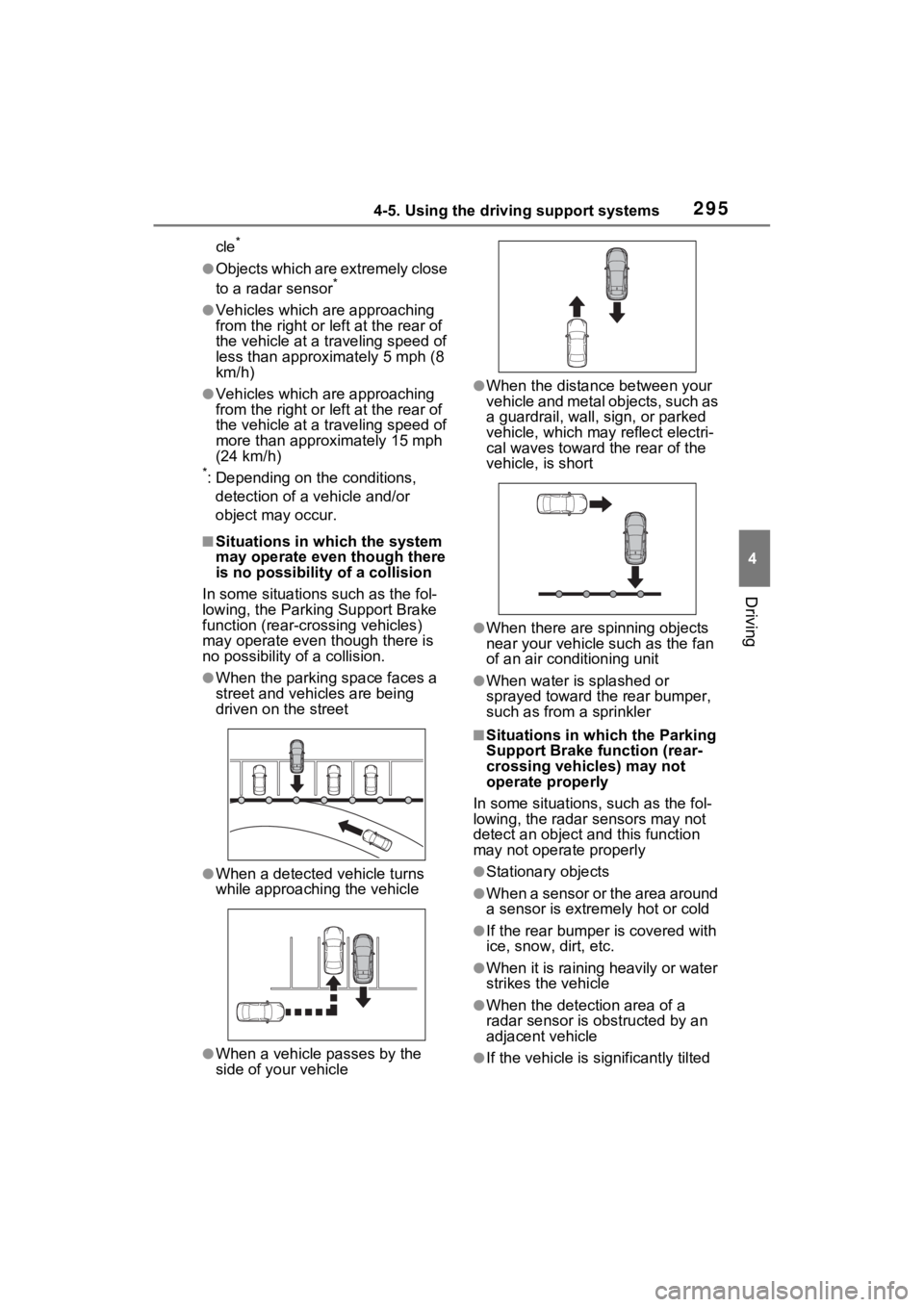 TOYOTA VENZA HYBRID 2021 Owners Manual (in English) 2954-5. Using the driving support systems
4
Driving
cle*
●Objects which are extremely close
to a radar sensor*
●Vehicles which are approaching
from the right or left at the rear of
the vehicle TOYOTA VENZA HYBRID 2021 Owners Manual (in English) 2954-5. Using the driving support systems
4
Driving
cle*
●Objects which are extremely close
to a radar sensor*
●Vehicles which are approaching
from the right or left at the rear of
the vehicle