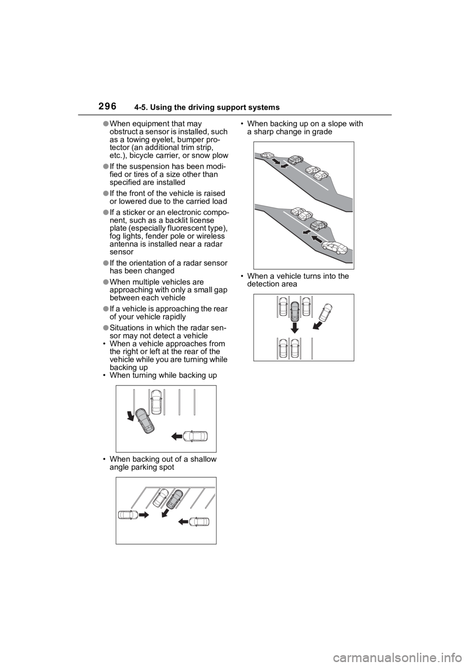 TOYOTA VENZA HYBRID 2021 Owners Manual (in English) 2964-5. Using the driving support systems
●When equipment that may
obstruct a sensor is installed, such
as a towing eyelet, bumper pro-
tector (an additional trim strip,
etc.), bicycle carrier, o TOYOTA VENZA HYBRID 2021 Owners Manual (in English) 2964-5. Using the driving support systems
●When equipment that may
obstruct a sensor is installed, such
as a towing eyelet, bumper pro-
tector (an additional trim strip,
etc.), bicycle carrier, o