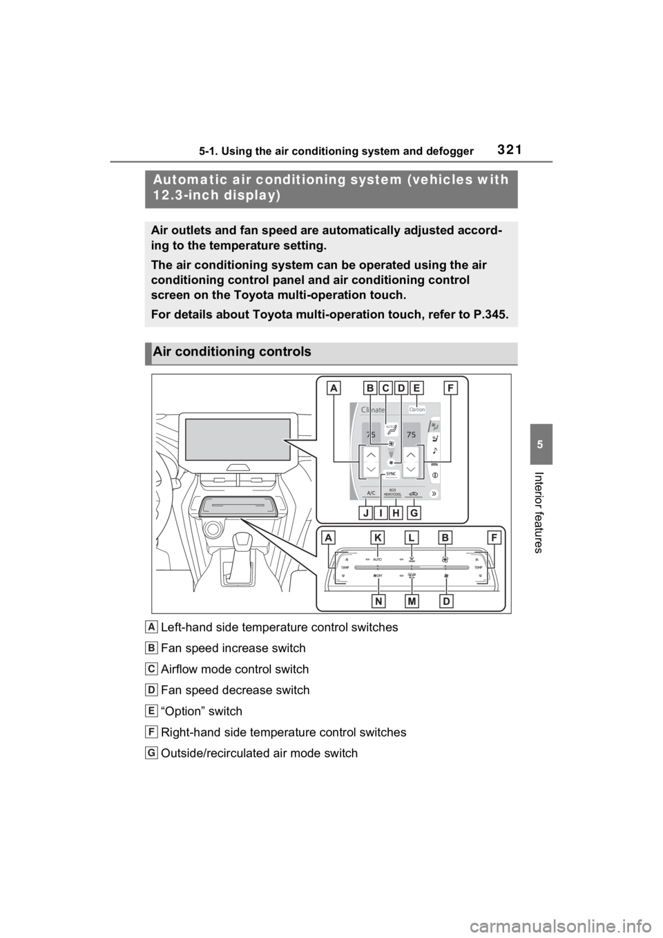 TOYOTA VENZA HYBRID 2021 Owners Manual (in English) 3215-1. Using the air conditioning system and defogger
5
Interior features
Left-hand side temperature control switches
Fan speed increase switch
Airflow mode control switch
Fan speed decrease switch
â TOYOTA VENZA HYBRID 2021 Owners Manual (in English) 3215-1. Using the air conditioning system and defogger
5
Interior features
Left-hand side temperature control switches
Fan speed increase switch
Airflow mode control switch
Fan speed decrease switch
â