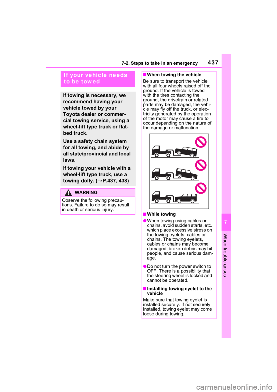 TOYOTA VENZA HYBRID 2021 Owners Manual (in English) 4377-2. Steps to take in an emergency
7
When trouble arises
7-2.Steps to take in an emergency
If your vehicle needs
to be towed
If towing is necessary, we
recommend having your
vehicle towed by you TOYOTA VENZA HYBRID 2021 Owners Manual (in English) 4377-2. Steps to take in an emergency
7
When trouble arises
7-2.Steps to take in an emergency
If your vehicle needs
to be towed
If towing is necessary, we
recommend having your
vehicle towed by you