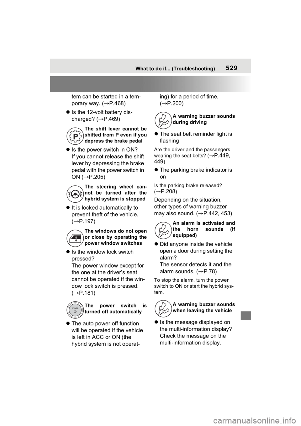 TOYOTA VENZA HYBRID 2021  Owners Manual (in English) 529What to do if... (Troubleshooting)
tem can be started in a tem-
porary way. (P.468)
 Is the 12-volt battery dis-
charged? ( P.469)
 Is the power switch in ON?
If you cannot release the 