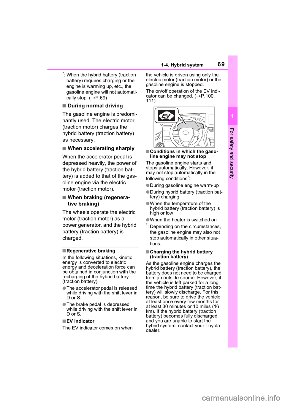 TOYOTA VENZA HYBRID 2021 (in English) Repair Manual 691-4. Hybrid system
1
For safety and security
*: When the hybrid battery (traction battery) requires charging or the
engine is warming up, etc., the
gasoline engine will not automati-
cally stop. ( TOYOTA VENZA HYBRID 2021 (in English) Repair Manual 691-4. Hybrid system
1
For safety and security
*: When the hybrid battery (traction battery) requires charging or the
engine is warming up, etc., the
gasoline engine will not automati-
cally stop. (