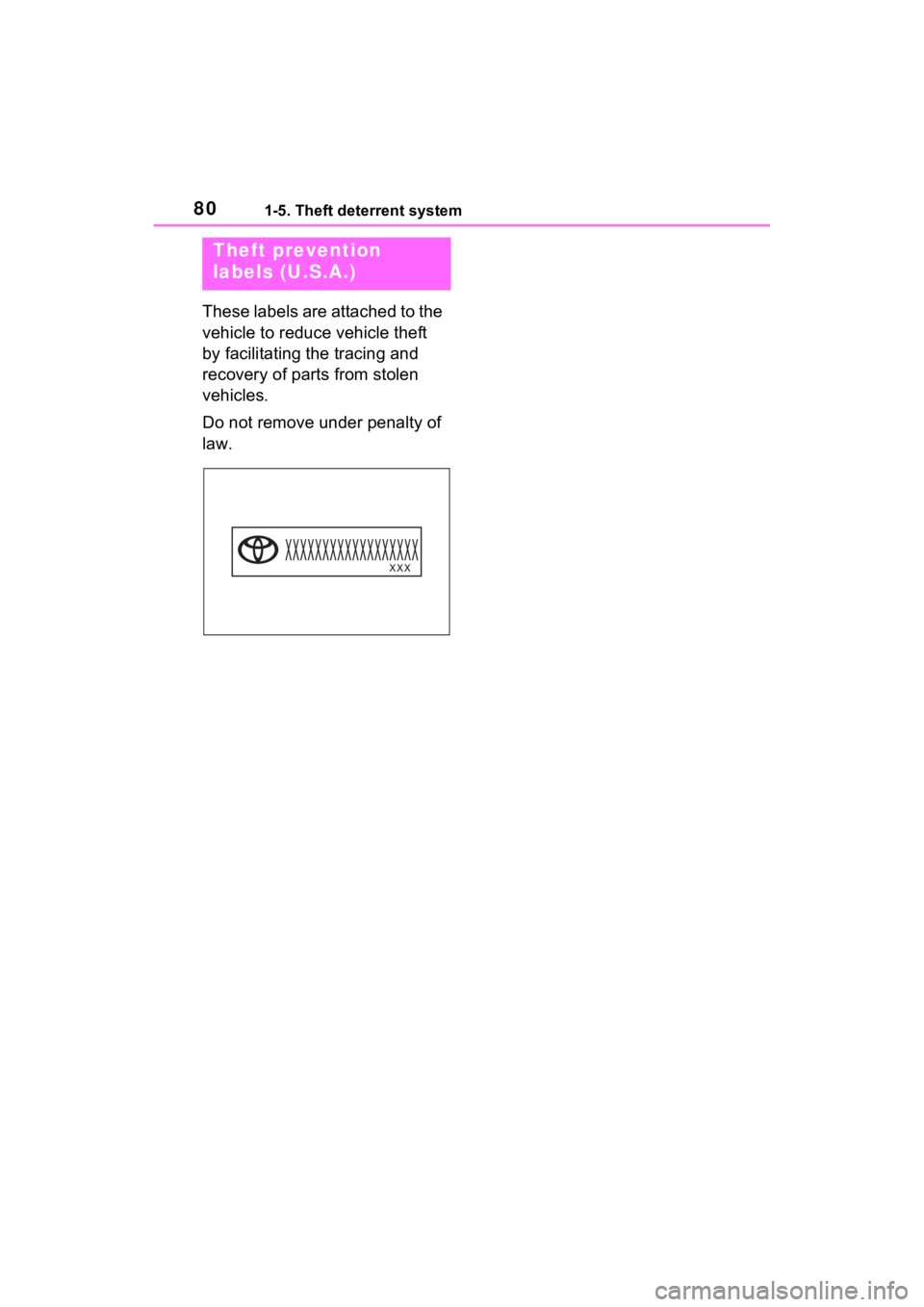 TOYOTA VENZA HYBRID 2021   (in English) Manual Online 801-5. Theft deterrent system
These labels are attached to the 
vehicle to reduce vehicle theft 
by facilitating the tracing and 
recovery of parts from stolen 
vehicles.
Do not remove under penalty o