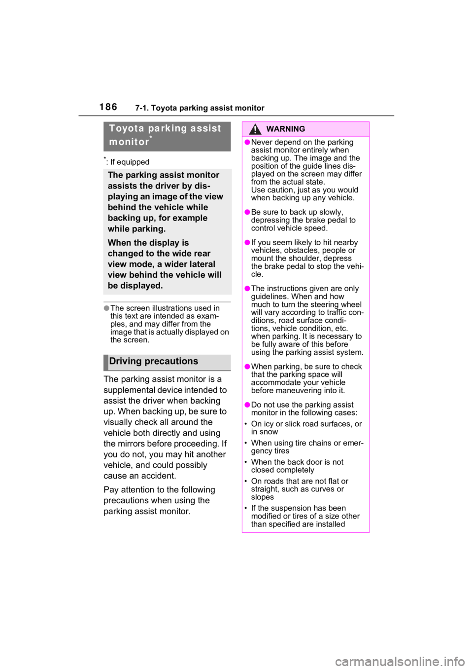 TOYOTA VENZA HYBRID 2021 Accessories, Audio & Navigation (in English) 1867-1. Toyota parking assist monitor
7-1.Toyota parking assist monitor
*: If equipped
●The screen illustrations used in
this text are intended as exam-
ples, and may differ from the
image that i TOYOTA VENZA HYBRID 2021 Accessories, Audio & Navigation (in English) 1867-1. Toyota parking assist monitor
7-1.Toyota parking assist monitor
*: If equipped
●The screen illustrations used in
this text are intended as exam-
ples, and may differ from the
image that i