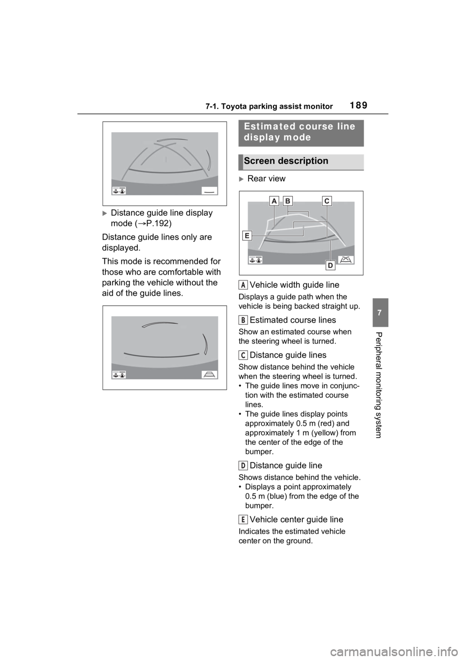 TOYOTA VENZA HYBRID 2021 Accessories, Audio & Navigation (in English) 1897-1. Toyota parking assist monitor
7
Peripheral monitoring system
Distance guide line display
mode (P.192)
Distance guide lines only are
displayed.
This mode is recommended for
those who a TOYOTA VENZA HYBRID 2021 Accessories, Audio & Navigation (in English) 1897-1. Toyota parking assist monitor
7
Peripheral monitoring system
Distance guide line display
mode (P.192)
Distance guide lines only are
displayed.
This mode is recommended for
those who a