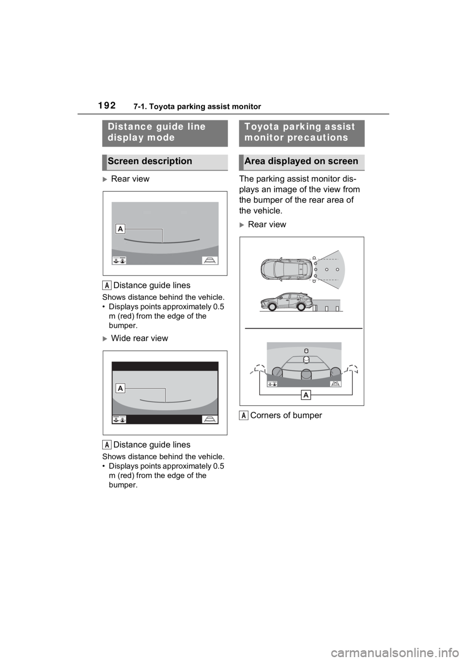TOYOTA VENZA HYBRID 2021 Accessories, Audio & Navigation (in English) 1927-1. Toyota parking assist monitor
Rear viewDistance guide lines
Shows distance behind the vehicle.
• Displays points approximately 0.5 m (red) from the edge of the
bumper.
Wide rear vie TOYOTA VENZA HYBRID 2021 Accessories, Audio & Navigation (in English) 1927-1. Toyota parking assist monitor
Rear viewDistance guide lines
Shows distance behind the vehicle.
• Displays points approximately 0.5 m (red) from the edge of the
bumper.
Wide rear vie