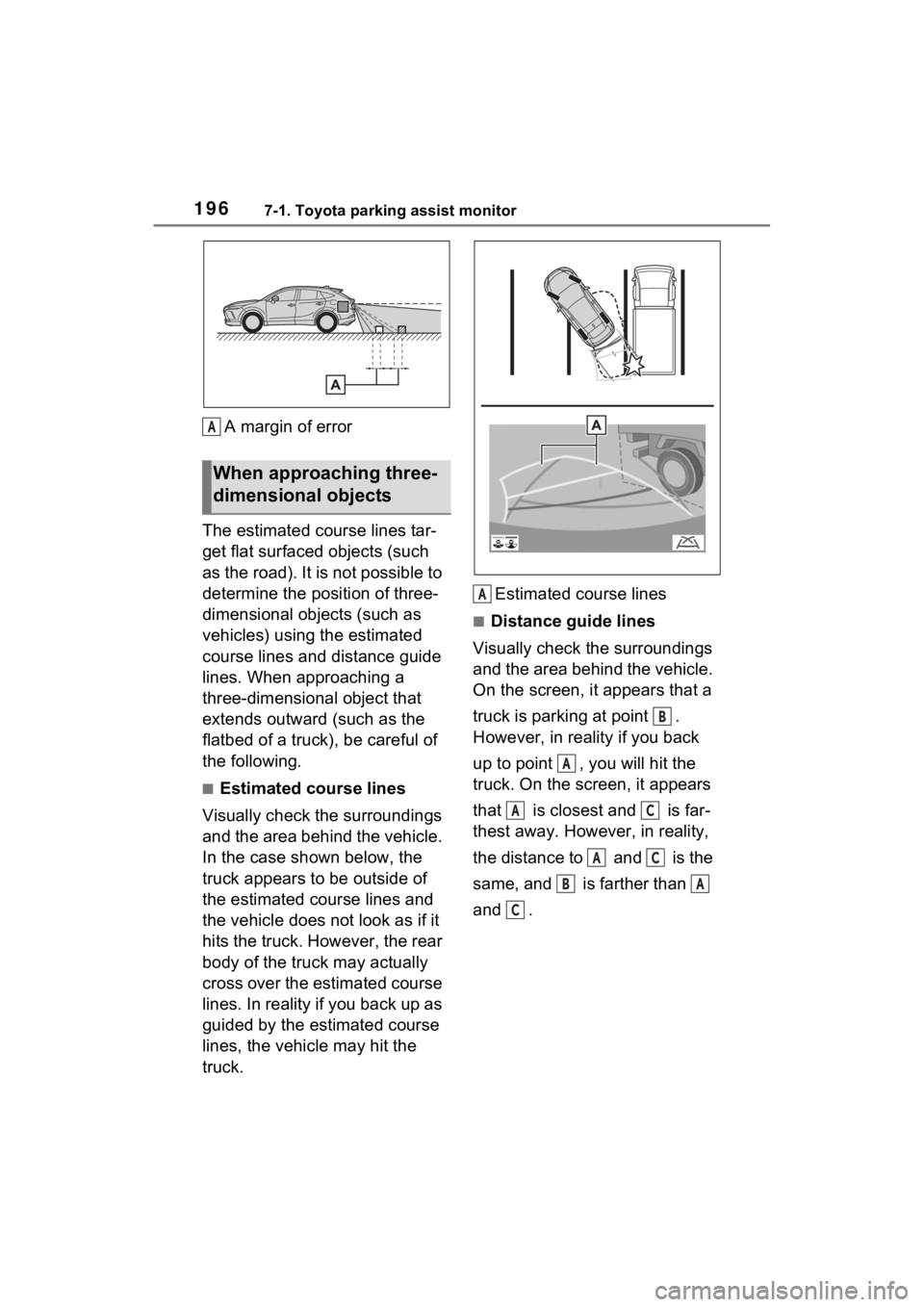 TOYOTA VENZA HYBRID 2021 Accessories, Audio & Navigation (in English) 1967-1. Toyota parking assist monitor
A margin of error
The estimated course lines tar-
get flat surfaced objects (such
as the road). It is not possible to
determine the position of three-
dimension TOYOTA VENZA HYBRID 2021 Accessories, Audio & Navigation (in English) 1967-1. Toyota parking assist monitor
A margin of error
The estimated course lines tar-
get flat surfaced objects (such
as the road). It is not possible to
determine the position of three-
dimension