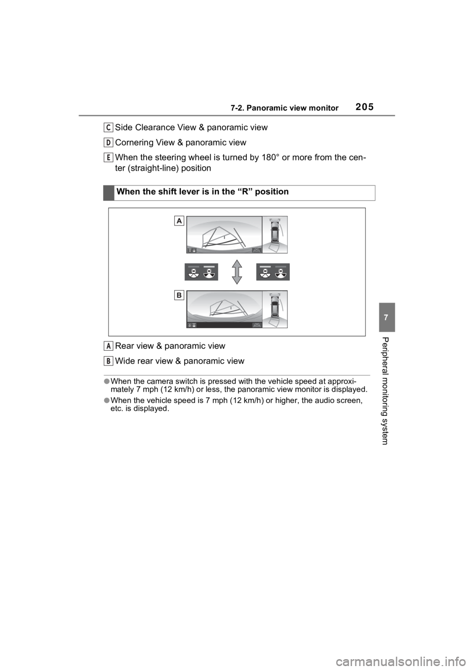 TOYOTA VENZA HYBRID 2021 Accessories, Audio & Navigation (in English) 2057-2. Panoramic view monitor
7
Peripheral monitoring system
Side Clearance View & panoramic view
Cornering View & panoramic view
When the steering wheel is turned by 180° or more from the cen-
ter TOYOTA VENZA HYBRID 2021 Accessories, Audio & Navigation (in English) 2057-2. Panoramic view monitor
7
Peripheral monitoring system
Side Clearance View & panoramic view
Cornering View & panoramic view
When the steering wheel is turned by 180° or more from the cen-
ter