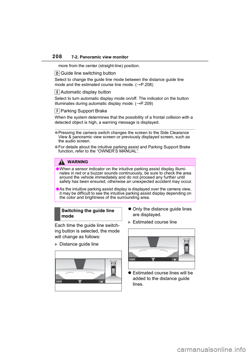 TOYOTA VENZA HYBRID 2021 Accessories, Audio & Navigation (in English) 2087-2. Panoramic view monitor
more from the cen ter (straight-line) position.
Guide line switching button
Select to change the guide line mode between the distance guide line
mode and the estimate TOYOTA VENZA HYBRID 2021 Accessories, Audio & Navigation (in English) 2087-2. Panoramic view monitor
more from the cen ter (straight-line) position.
Guide line switching button
Select to change the guide line mode between the distance guide line
mode and the estimate