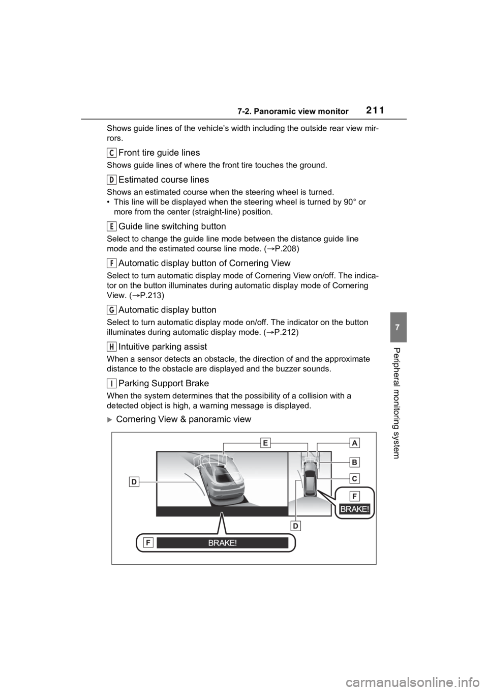 TOYOTA VENZA HYBRID 2021 Accessories, Audio & Navigation (in English) 2117-2. Panoramic view monitor
7
Peripheral monitoring system
Shows guide lines of the vehicle’s width including the outside rear view mir-
rors.
Front tire guide lines
Shows guide lines of where th TOYOTA VENZA HYBRID 2021 Accessories, Audio & Navigation (in English) 2117-2. Panoramic view monitor
7
Peripheral monitoring system
Shows guide lines of the vehicle’s width including the outside rear view mir-
rors.
Front tire guide lines
Shows guide lines of where th