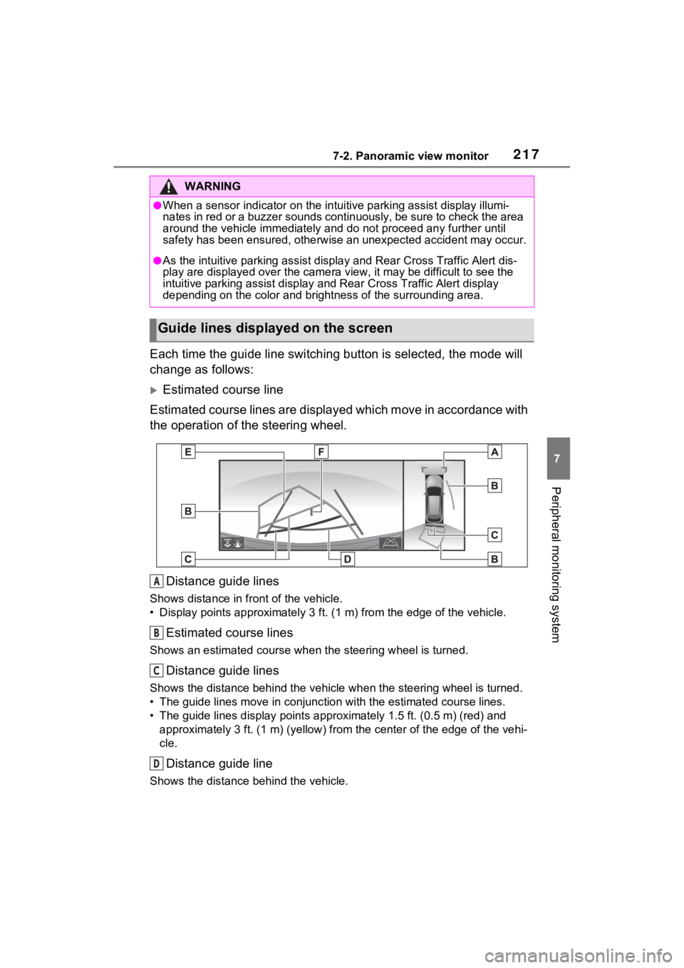 TOYOTA VENZA HYBRID 2021 Accessories, Audio & Navigation (in English) 2177-2. Panoramic view monitor
7
Peripheral monitoring system
Each time the guide line switching button is selected, the mode will
change as follows:
Estimated course line
Estimated course lines a TOYOTA VENZA HYBRID 2021 Accessories, Audio & Navigation (in English) 2177-2. Panoramic view monitor
7
Peripheral monitoring system
Each time the guide line switching button is selected, the mode will
change as follows:
Estimated course line
Estimated course lines a