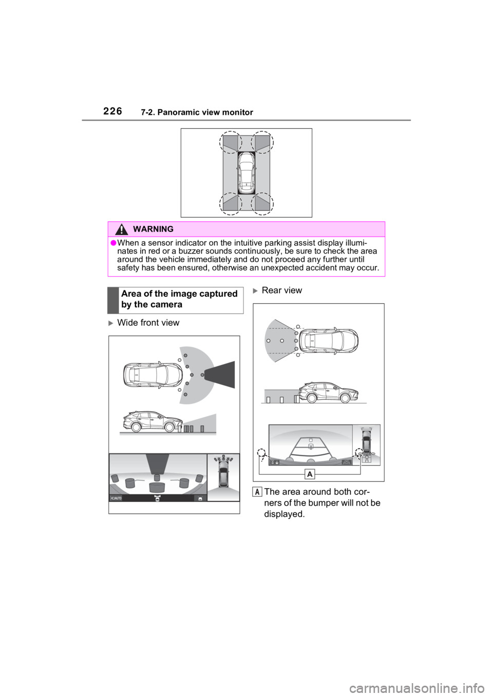 TOYOTA VENZA HYBRID 2021  Accessories, Audio & Navigation (in English) 2267-2. Panoramic view monitor
Wide front view
Rear view
The area around both cor-
ners of the bumper will not be 
displayed.
WARNING
●When a sensor indicator on the intuitive parking assist d