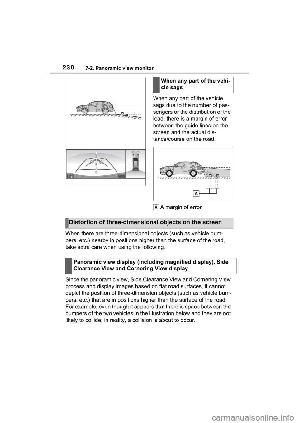 TOYOTA VENZA HYBRID 2021  Accessories, Audio & Navigation (in English) 2307-2. Panoramic view monitor
When any part of the vehicle 
sags due to the number of pas-
sengers or the distribution of the 
load, there is a margin of error 
between the guide lines on the 
screen