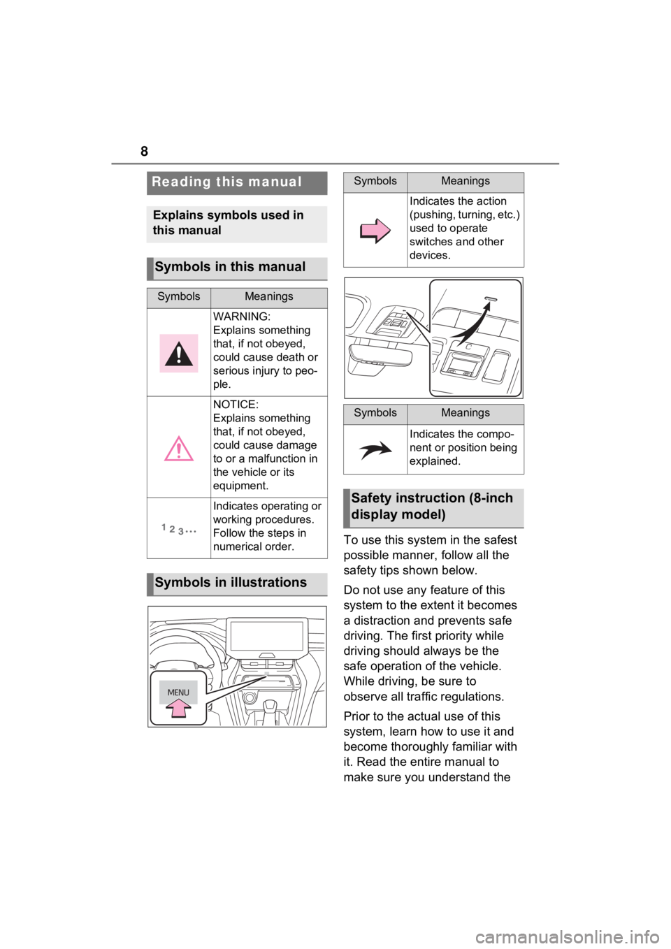 TOYOTA VENZA HYBRID 2021 Accessories, Audio & Navigation (in English) 8
To use this system in the safest
possible manner, follow all the
safety tips shown below.
Do not use any feature of this
system to the extent it becomes
a distraction and prevents safe
driving. TOYOTA VENZA HYBRID 2021 Accessories, Audio & Navigation (in English) 8
To use this system in the safest
possible manner, follow all the
safety tips shown below.
Do not use any feature of this
system to the extent it becomes
a distraction and prevents safe
driving.