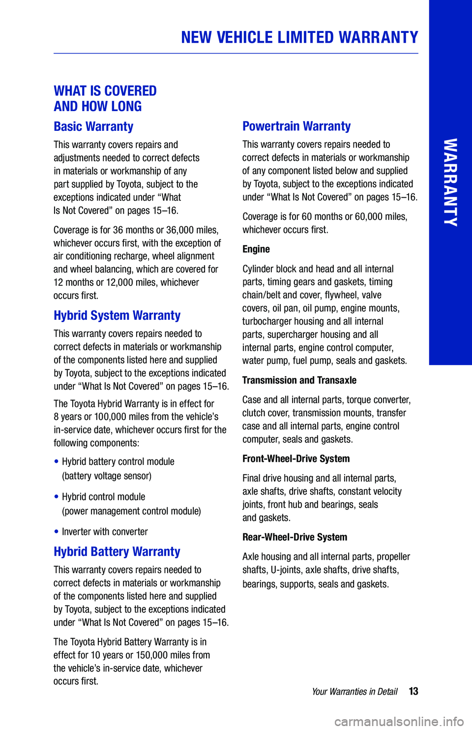 TOYOTA VENZA HYBRID 2021  Warranties & Maintenance Guides (in English) 13Yo u r Warranties  in Detail
WARRANTY
 
W H AT  IS COVERED   
AND  HOW  LONG
Basic  Warranty
This warranty  covers repairs and   
adjustments  needed to correct  defects  
in materials  or workmansh