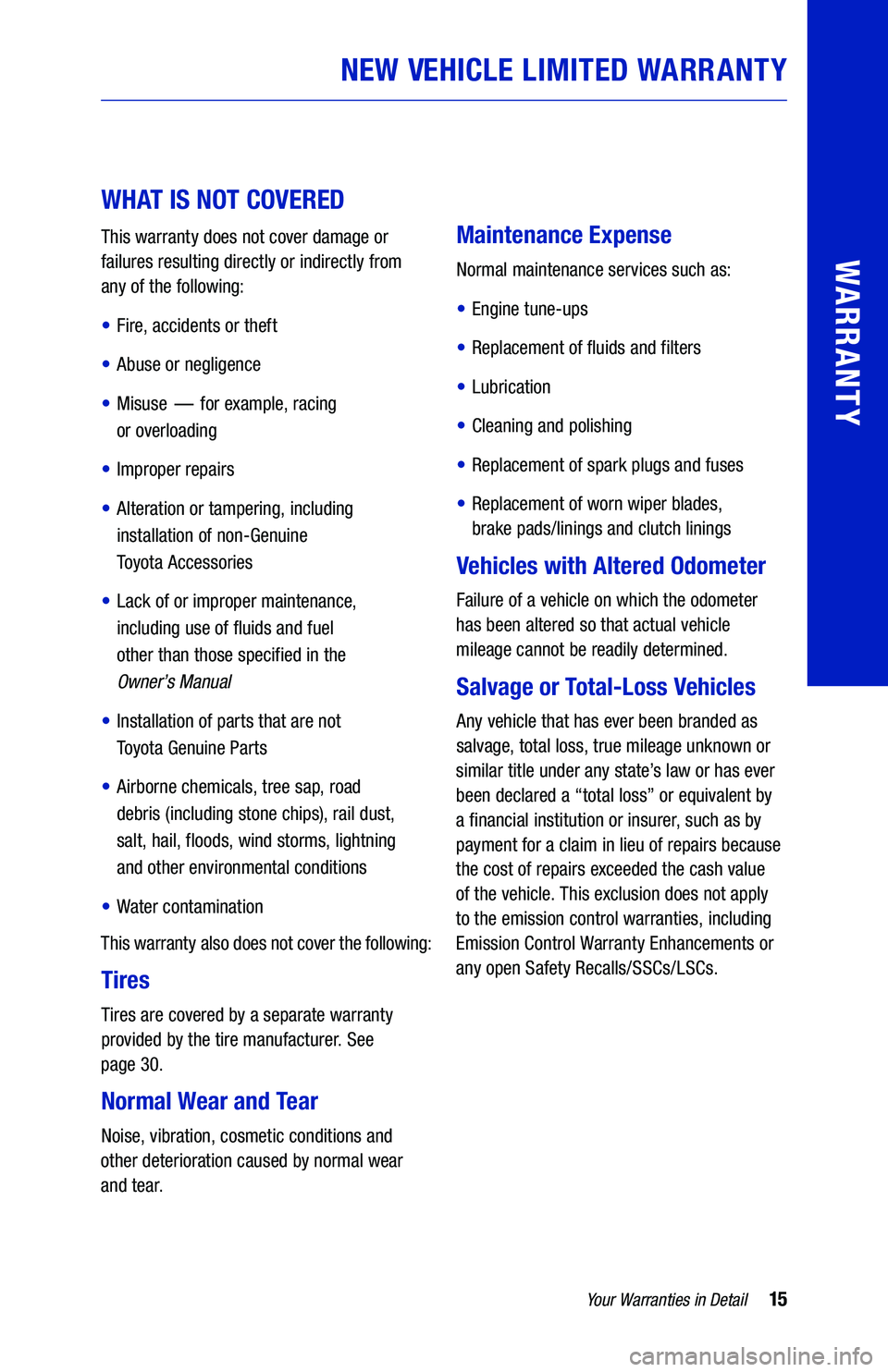 TOYOTA VENZA HYBRID 2021  Warranties & Maintenance Guides (in English) 15Yo u r Warranties  in Detail
WARRANTY
NEW  VE HICLE  LIMITED WARRANTY
 
 
W H AT IS NOT COVERED
This warranty does  not cover  damage  or 
failures  resulting directly or  indirectly from  
any of  