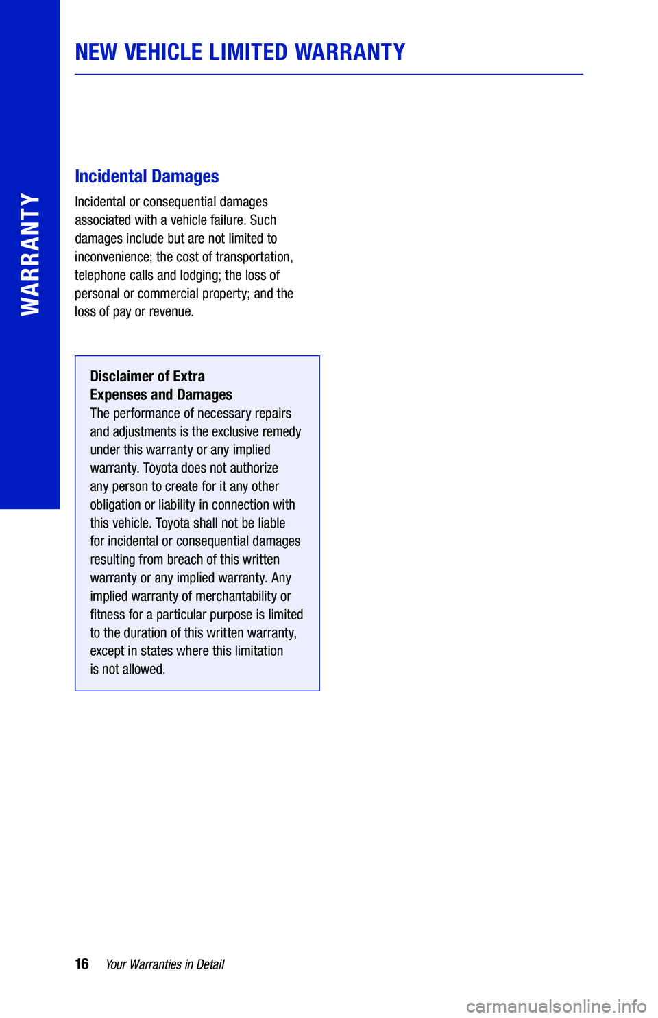 TOYOTA VENZA HYBRID 2021  Warranties & Maintenance Guides (in English) 16Yo u r Warranties  in Detail
WARRANTY
 
 
Incidental  Damages
Incidental or consequential  damages 
associated  with a vehicle  failure. Such 
damages  include but  are not limited  to 
inconvenienc