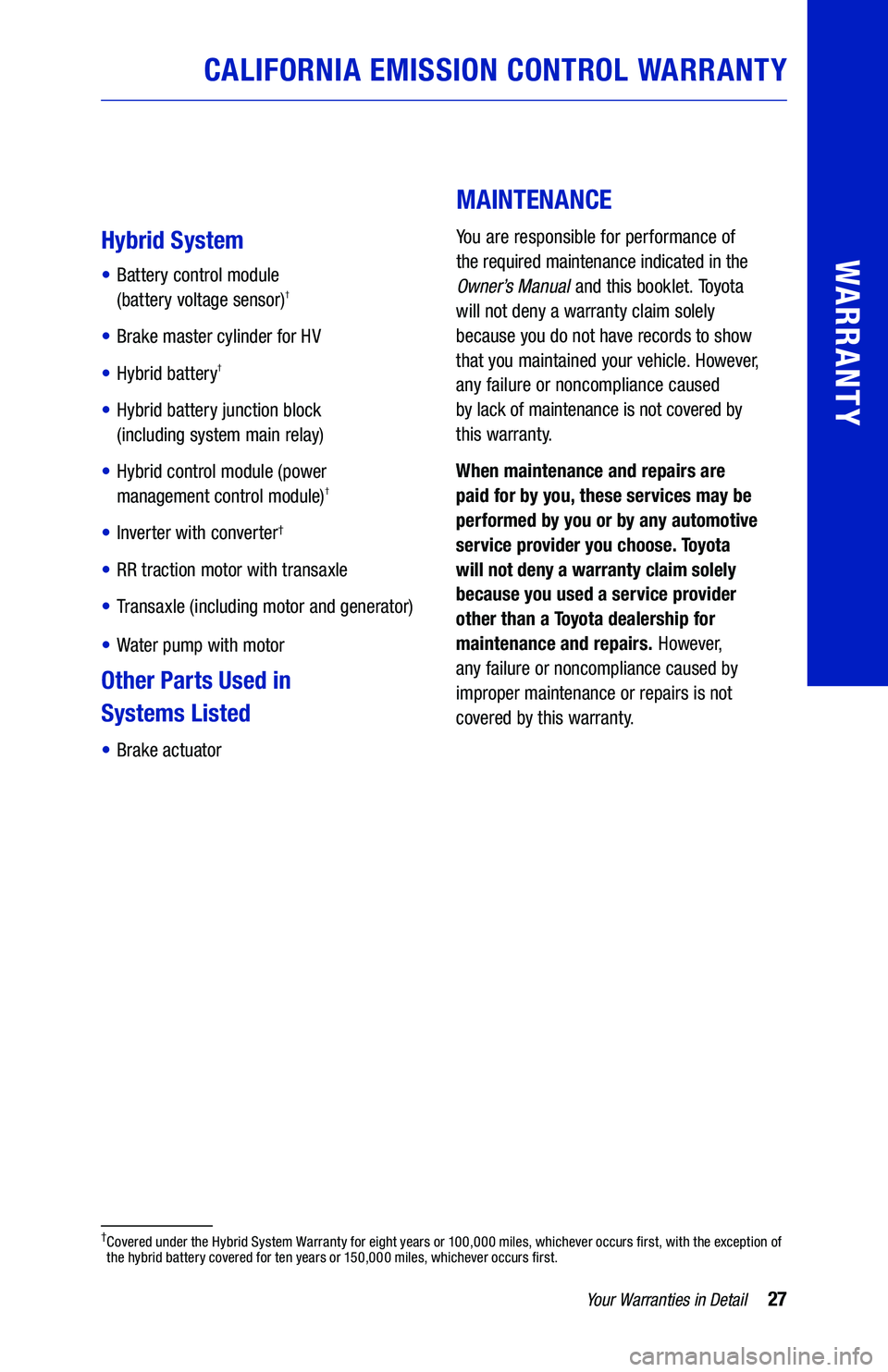 TOYOTA VENZA HYBRID 2021  Warranties & Maintenance Guides (in English) 27Yo u r Warranties  in Detail
WARRANTYHybrid  System
•  Battery  control  module  
(battery  voltage  sensor)†
• Brake master  cylinder  for HV
• Hybrid  battery†
•   Hybrid battery  junc