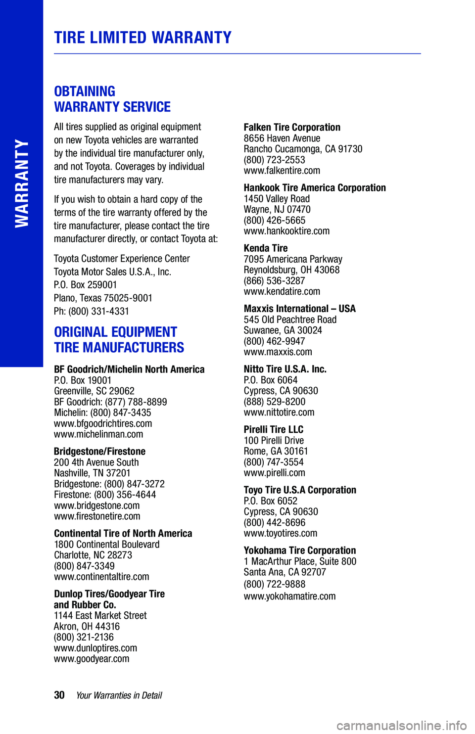 TOYOTA VENZA HYBRID 2021 Warranties & Maintenance Guides (in English) 30Yo u r Warranties in Detail
WARRANTY
TIRE LIMITED WARRANTY
OBTAINING
WARRANTY SERVICE
All tires supplied as original equipment
on new Toyo t a vehicles are warranted
by the indivi TOYOTA VENZA HYBRID 2021 Warranties & Maintenance Guides (in English) 30Yo u r Warranties in Detail
WARRANTY
TIRE LIMITED WARRANTY
OBTAINING
WARRANTY SERVICE
All tires supplied as original equipment
on new Toyo t a vehicles are warranted
by the indivi