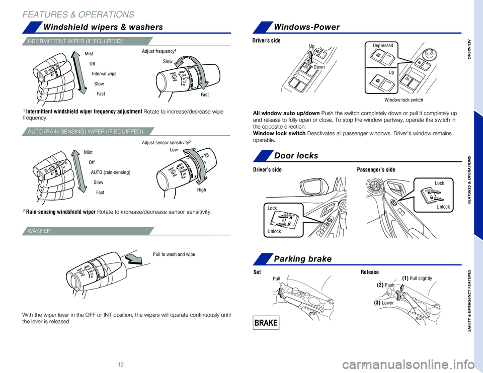 TOYOTA YARIS 2019 Owners Manual (in English) 1312
OVERVIEW
FEATURES & OPERATIONS
SAFETY
& EMERGENCY FEATURES
FEATURES & OPERATIONS
Interval wipe
AUTO (rain-sensing)
Slow
Slow
Fast
Fast
Pull to wash and wipe
Adjust frequency1
Adjust sensor sensi TOYOTA YARIS 2019 Owners Manual (in English) 1312
OVERVIEW
FEATURES & OPERATIONS
SAFETY
& EMERGENCY FEATURES
FEATURES & OPERATIONS
Interval wipe
AUTO (rain-sensing)
Slow
Slow
Fast
Fast
Pull to wash and wipe
Adjust frequency1
Adjust sensor sensi