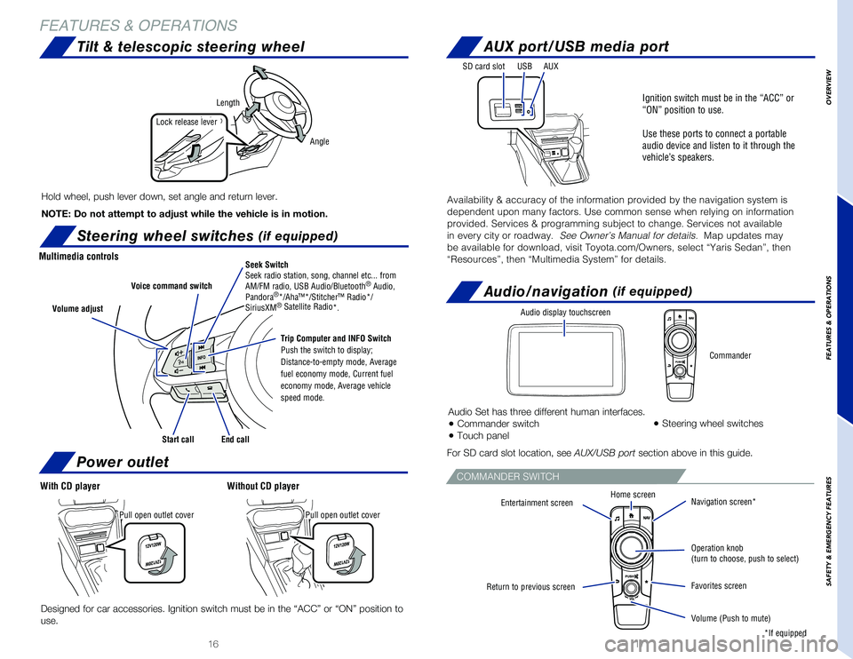 TOYOTA YARIS 2019 Owners Manual (in English) 1716
OVERVIEW
FEATURES & OPERATIONS
SAFETY
& EMERGENCY FEATURES
AUX port/USB media port
Steering wheel switches (if equipped)
Tilt & telescopic steering wheel
FEATURES & OPERATIONS
Hold wheel, push TOYOTA YARIS 2019 Owners Manual (in English) 1716
OVERVIEW
FEATURES & OPERATIONS
SAFETY
& EMERGENCY FEATURES
AUX port/USB media port
Steering wheel switches (if equipped)
Tilt & telescopic steering wheel
FEATURES & OPERATIONS
Hold wheel, push