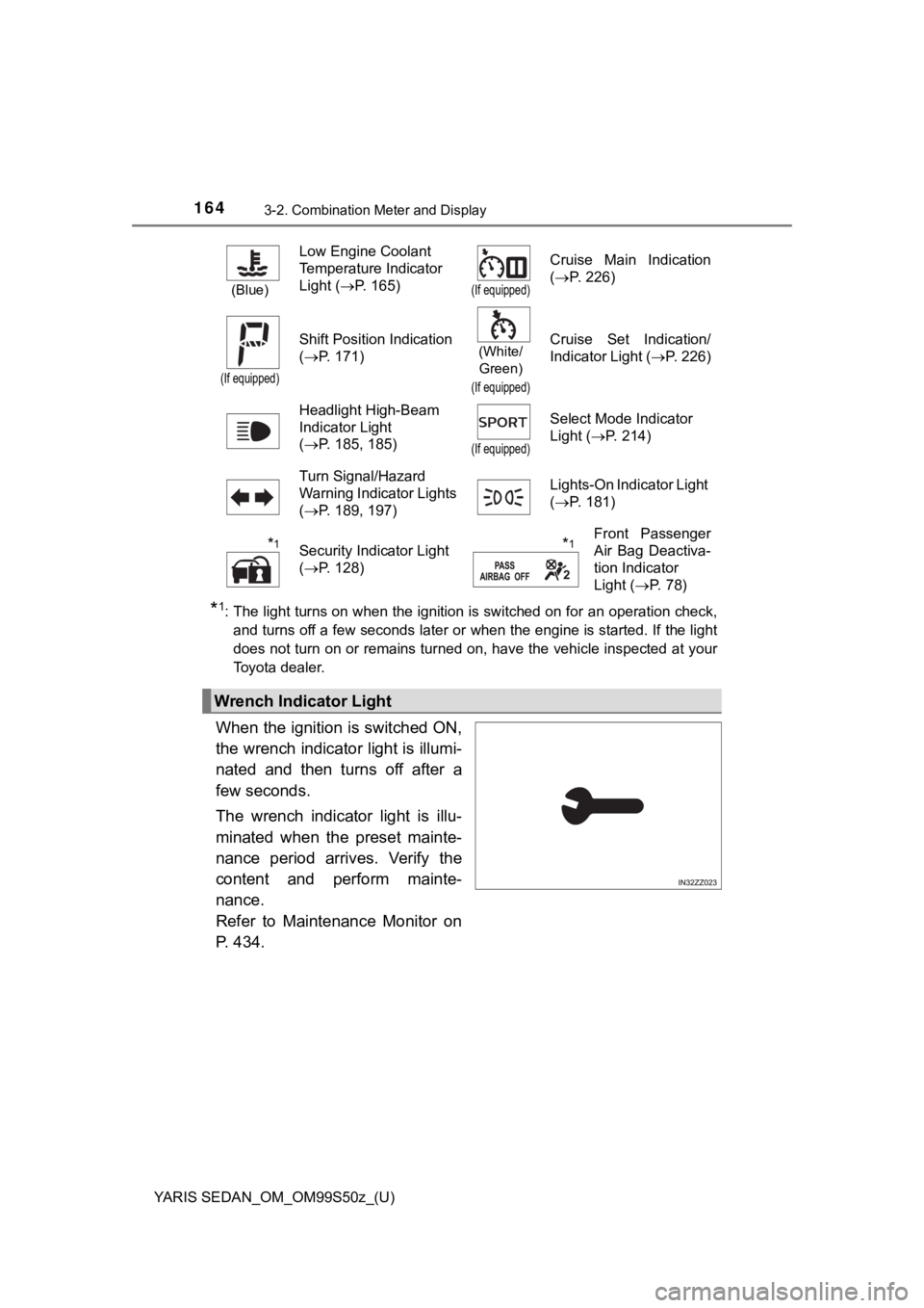 TOYOTA YARIS 2019 Owners Manual (in English) 164
YARIS SEDAN_OM_OM99S50z_(U)
3-2. Combination Meter and Display
*1: The light turns on when the ignition is switched on for an operation check,
and turns off a few seconds later or when the engine TOYOTA YARIS 2019 Owners Manual (in English) 164
YARIS SEDAN_OM_OM99S50z_(U)
3-2. Combination Meter and Display
*1: The light turns on when the ignition is switched on for an operation check,
and turns off a few seconds later or when the engine