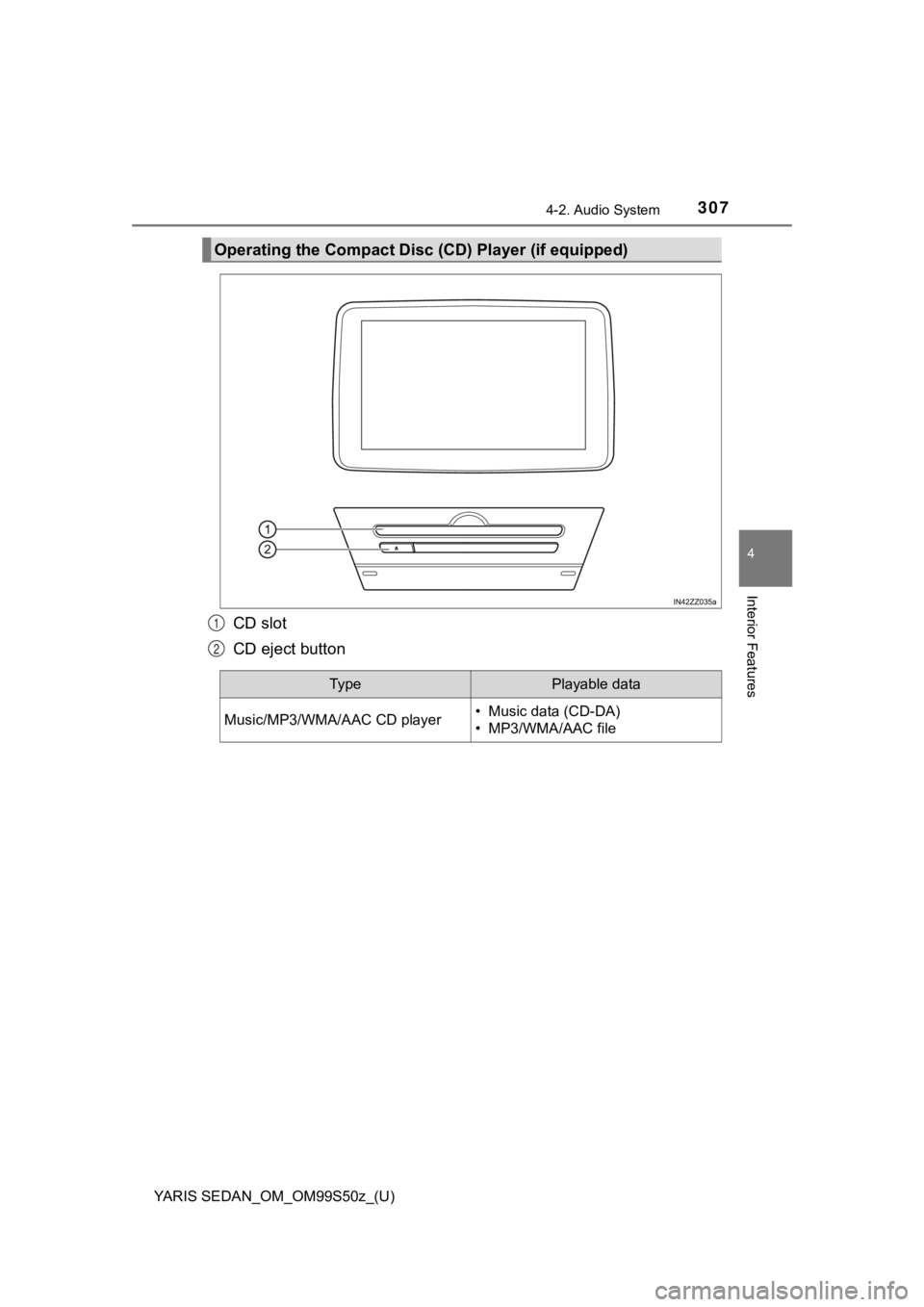 TOYOTA YARIS 2019 Owners Manual (in English) YARIS SEDAN_OM_OM99S50z_(U)
3074-2. Audio System
4
Interior Features
CD slot
CD eject button
Operating the Compact Disc (CD) Player (if equipped)
1
2
Ty pePlayable data
Music/MP3/WMA/AAC CD player• TOYOTA YARIS 2019 Owners Manual (in English) YARIS SEDAN_OM_OM99S50z_(U)
3074-2. Audio System
4
Interior Features
CD slot
CD eject button
Operating the Compact Disc (CD) Player (if equipped)
1
2
Ty pePlayable data
Music/MP3/WMA/AAC CD player•