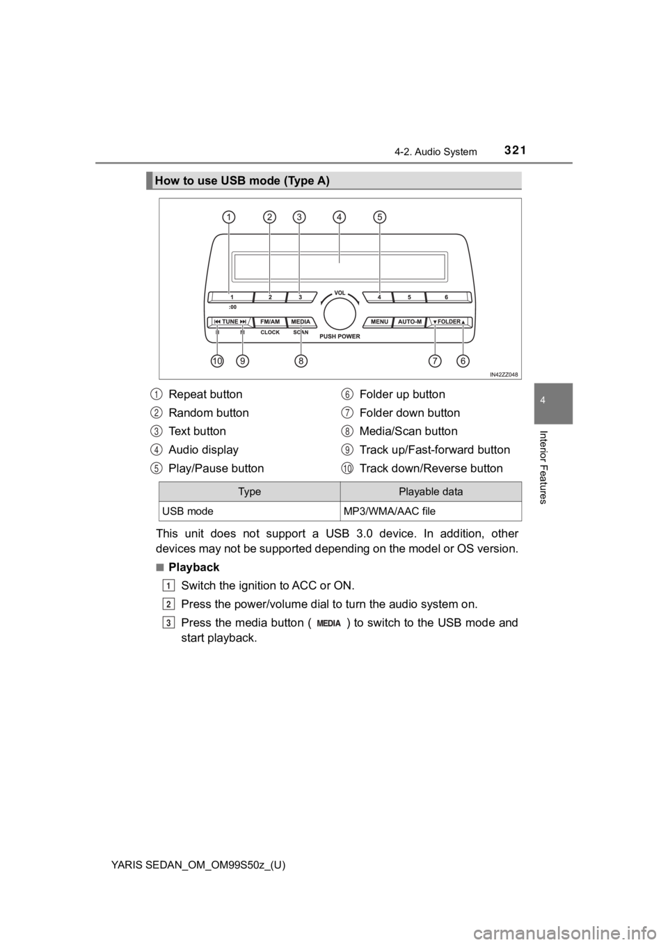 TOYOTA YARIS 2019 Owners Manual (in English) YARIS SEDAN_OM_OM99S50z_(U)
3214-2. Audio System
4
Interior Features
This unit does not support a USB 3.0 device. In addition, other
devices may not be supported depending on the model or O TOYOTA YARIS 2019 Owners Manual (in English) YARIS SEDAN_OM_OM99S50z_(U)
3214-2. Audio System
4
Interior Features
This unit does not support a USB 3.0 device. In addition, other
devices may not be supported depending on the model or O