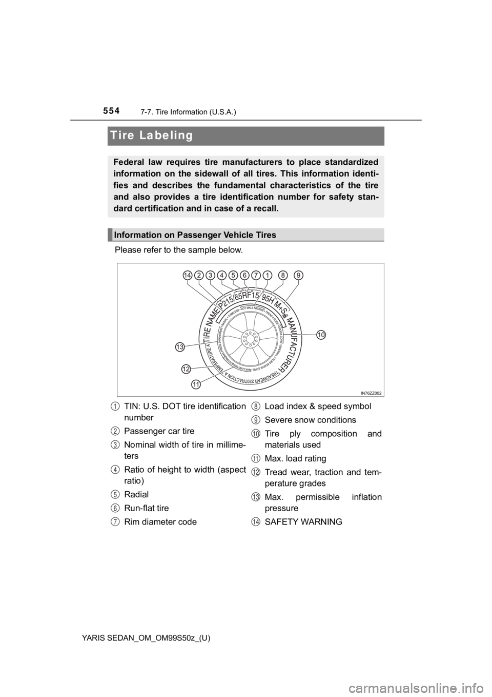 TOYOTA YARIS 2019  Owners Manual (in English) 554
YARIS SEDAN_OM_OM99S50z_(U)
7-7. Tire Information (U.S.A.)
Tire Labeling
Please refer to the sample below.
Federal  law  requires  tire  manufacturers  to  place  standardized
information  on  the