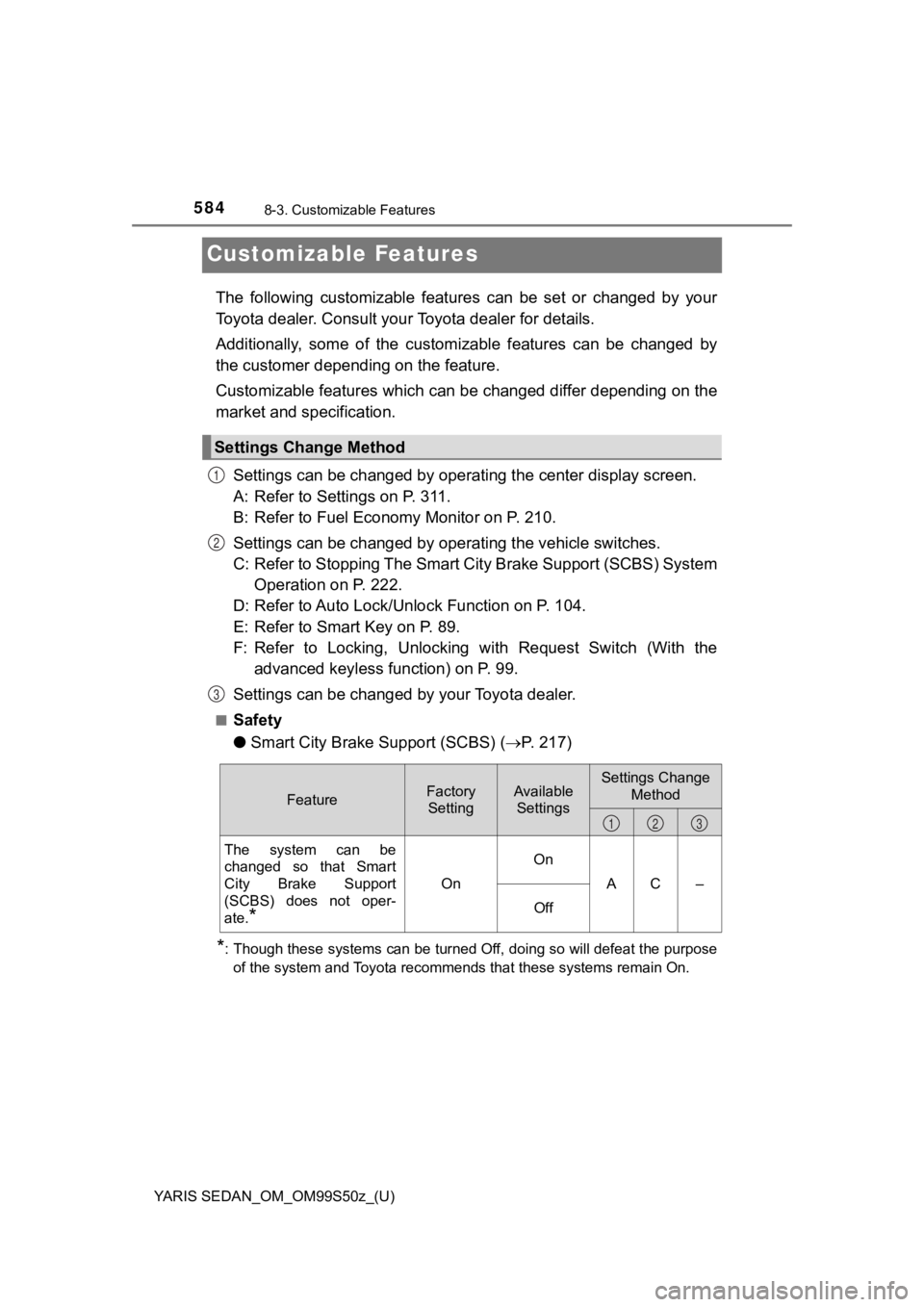 TOYOTA YARIS 2019  Owners Manual (in English) 584
YARIS SEDAN_OM_OM99S50z_(U)
8-3. Customizable Features
Customizable Features
The  following  customizable  features  can  be  set  or  changed  by  your
Toyota dealer. Consult your  Toyota dealer 