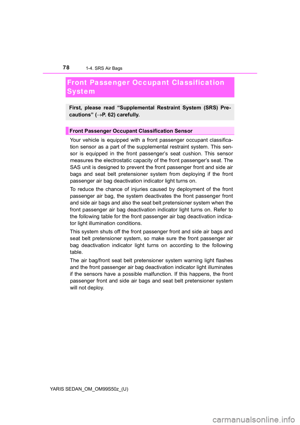 TOYOTA YARIS 2019 (in English) Manual PDF 78
YARIS SEDAN_OM_OM99S50z_(U)
1-4. SRS Air Bags
Front Passenger Occupant Classification
System
Your vehicle is equipped with a f ront passenger occupant classifica-
tion sensor as a par TOYOTA YARIS 2019 (in English) Manual PDF 78
YARIS SEDAN_OM_OM99S50z_(U)
1-4. SRS Air Bags
Front Passenger Occupant Classification
System
Your vehicle is equipped with a f ront passenger occupant classifica-
tion sensor as a par