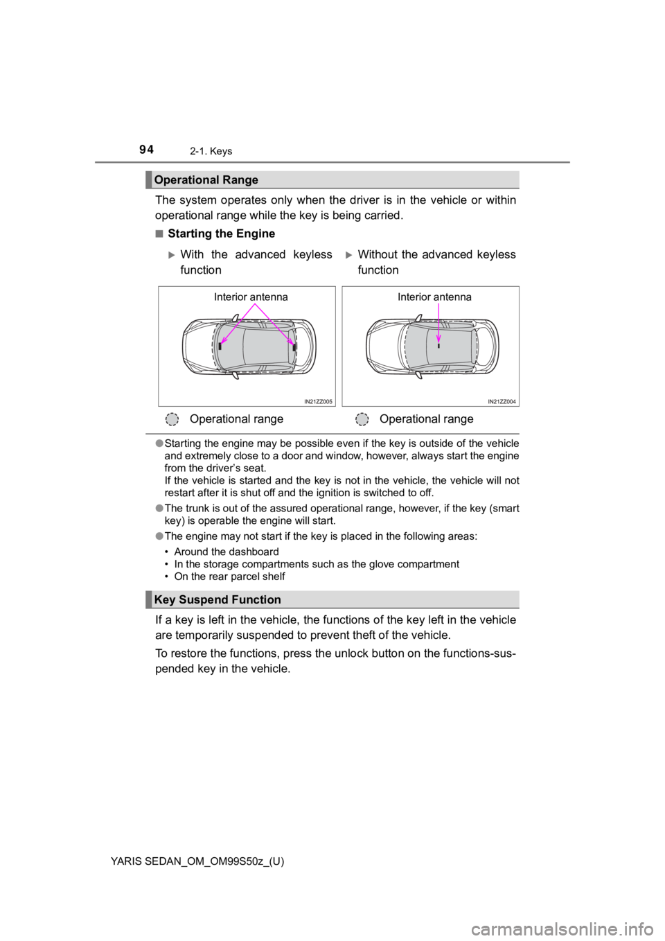 TOYOTA YARIS 2019  Owners Manual (in English) 94
YARIS SEDAN_OM_OM99S50z_(U)
2-1. Keys
The  system  operates  only  when  the  driver  is  in  the  vehicle  or  within
operational range while the key is being carried.
■Starting the Engine
● S