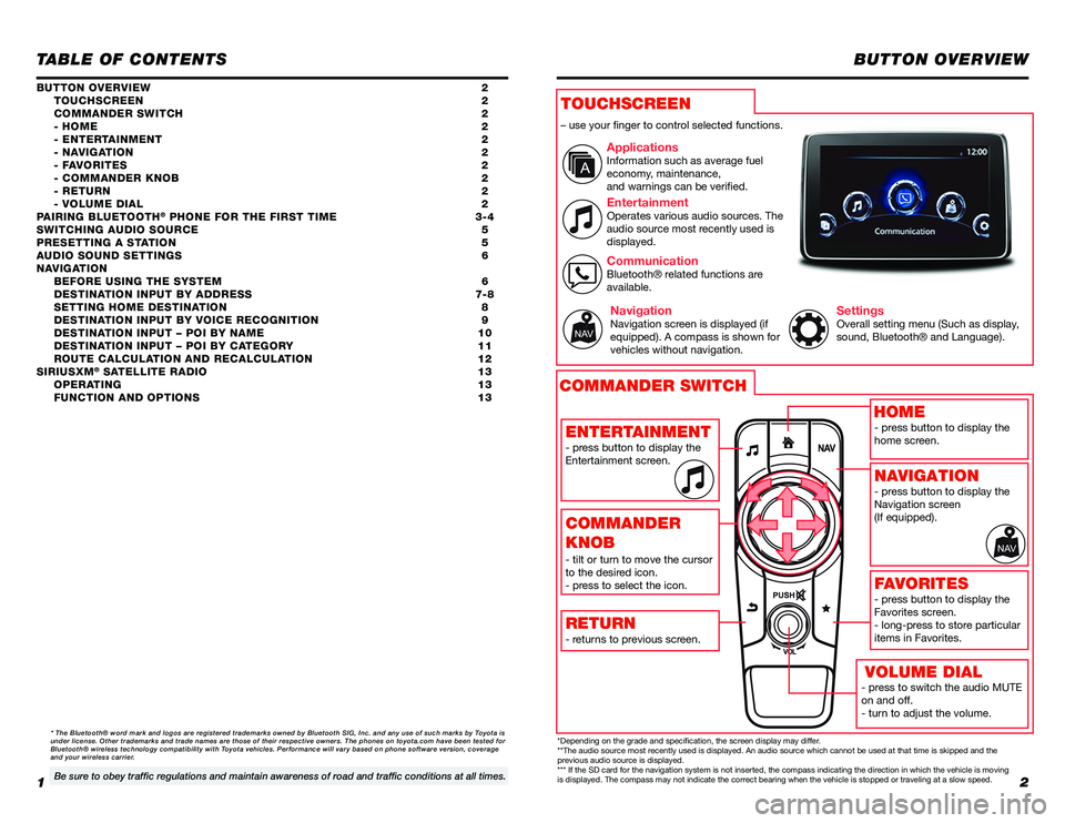TOYOTA YARIS 2019 Accessories, Audio & Navigation (in English) 12
TABLE OF CONTENTS
- press to switch the audio MUTE on and off.- turn to adjust the volume.
BUTTON OVERVIEW
BUTTON OVERVIEW 2 TOUCHSCREEN 2 COMMANDER SWITCH 2 - HOME 2 - ENTERTAINMENT 2 - NAVIGAT TOYOTA YARIS 2019 Accessories, Audio & Navigation (in English) 12
TABLE OF CONTENTS
- press to switch the audio MUTE on and off.- turn to adjust the volume.
BUTTON OVERVIEW
BUTTON OVERVIEW 2 TOUCHSCREEN 2 COMMANDER SWITCH 2 - HOME 2 - ENTERTAINMENT 2 - NAVIGAT