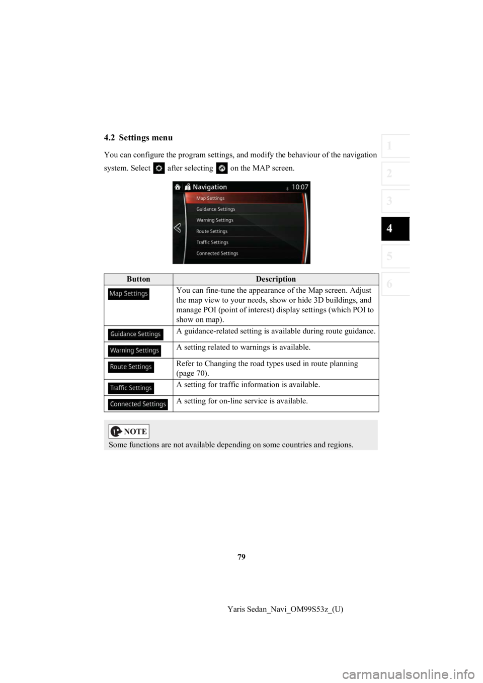 TOYOTA YARIS 2019 Accessories, Audio & Navigation (in English) 79
1
2
3
4
5
6
Yaris Sedan_Navi_OM99S53z_(U)
4.2 Settings menu
You can configure the program settings, and modify the behaviour of the navigation
system. Select after selecting on the MAP screen. TOYOTA YARIS 2019 Accessories, Audio & Navigation (in English) 79
1
2
3
4
5
6
Yaris Sedan_Navi_OM99S53z_(U)
4.2 Settings menu
You can configure the program settings, and modify the behaviour of the navigation
system. Select after selecting on the MAP screen.