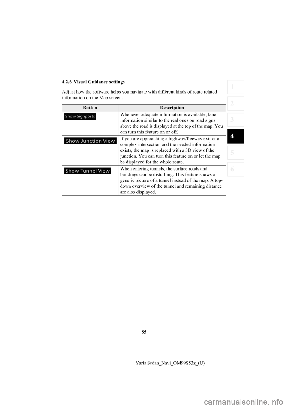 TOYOTA YARIS 2019 Accessories, Audio & Navigation (in English) 85
1
2
3
4
5
6
Yaris Sedan_Navi_OM99S53z_(U)
4.2.6 Visual Guidance settings
Adjust how the software helps you navigate with different kinds
of route related
information on the Map screen.
ButtonDesc TOYOTA YARIS 2019 Accessories, Audio & Navigation (in English) 85
1
2
3
4
5
6
Yaris Sedan_Navi_OM99S53z_(U)
4.2.6 Visual Guidance settings
Adjust how the software helps you navigate with different kinds
of route related
information on the Map screen.
ButtonDesc