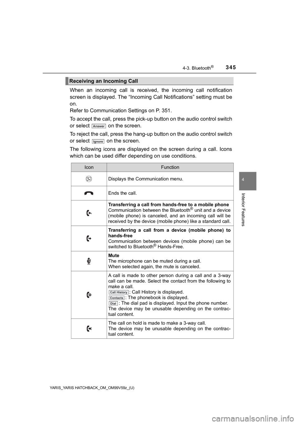 TOYOTA YARIS 2020 Owners Manual (in English) YARIS_YARIS HATCHBACK_OM_OM99V59z_(U)
3454-3. Bluetooth®
4
Interior Features
When an incoming call is received, the incoming call notification
screen is displayed. The “Incomi ng Call Noti TOYOTA YARIS 2020 Owners Manual (in English) YARIS_YARIS HATCHBACK_OM_OM99V59z_(U)
3454-3. Bluetooth®
4
Interior Features
When an incoming call is received, the incoming call notification
screen is displayed. The “Incomi ng Call Noti