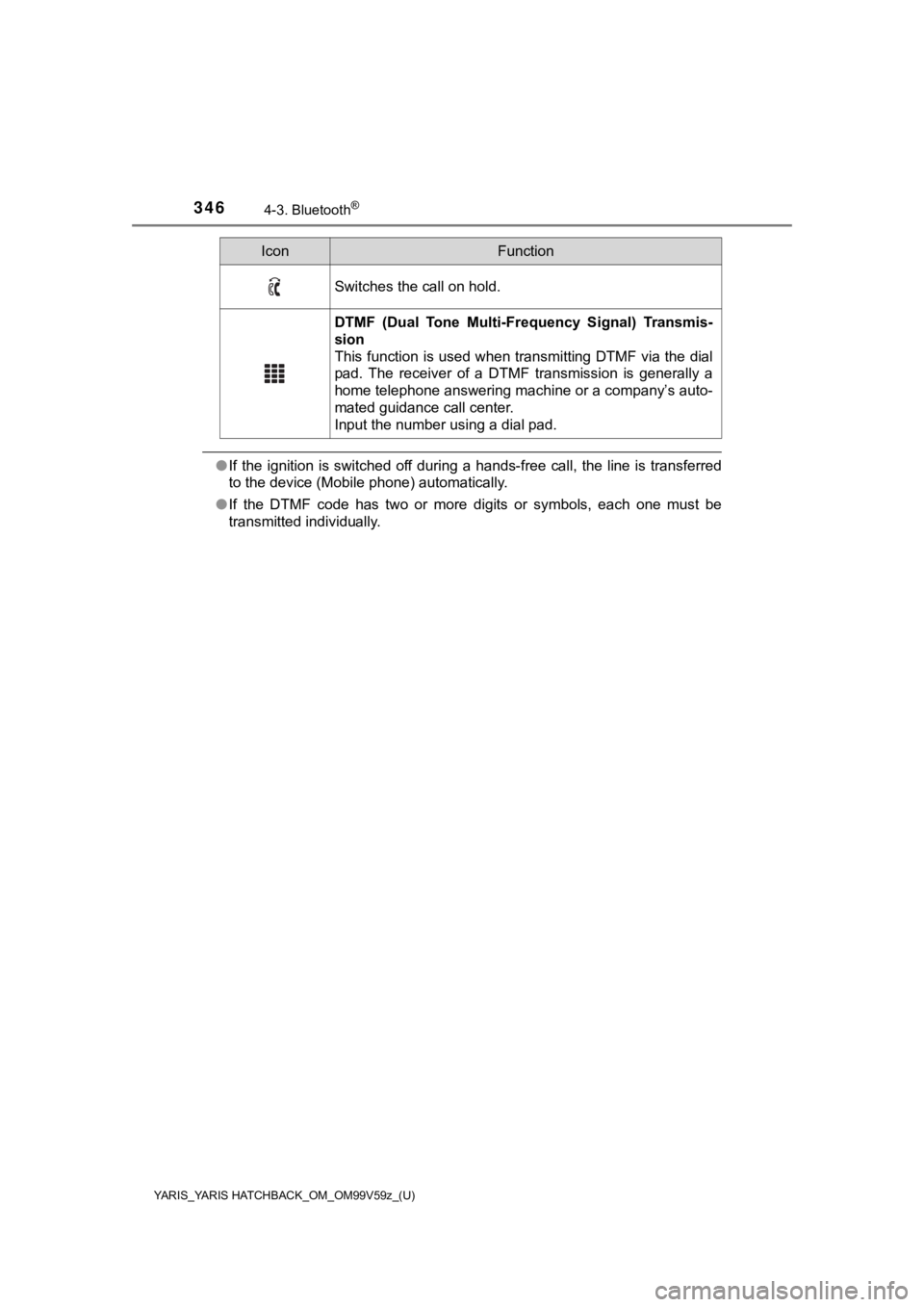 TOYOTA YARIS 2020  Owners Manual (in English) 346
YARIS_YARIS HATCHBACK_OM_OM99V59z_(U)
4-3. Bluetooth®
●If the  ignition is switched off  during  a hands-free  call,  the l ine  is  transferred
to the device (Mobile phone) automatically.
● 