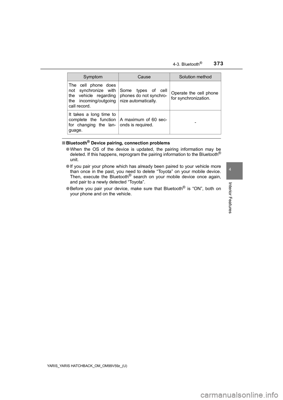 TOYOTA YARIS 2020 Owners Manual (in English) YARIS_YARIS HATCHBACK_OM_OM99V59z_(U)
3734-3. Bluetooth®
4
Interior Features
■Bluetooth® Device pairing, connection problems
● When the OS of the device is updated, the pairing informa TOYOTA YARIS 2020 Owners Manual (in English) YARIS_YARIS HATCHBACK_OM_OM99V59z_(U)
3734-3. Bluetooth®
4
Interior Features
■Bluetooth® Device pairing, connection problems
● When the OS of the device is updated, the pairing informa