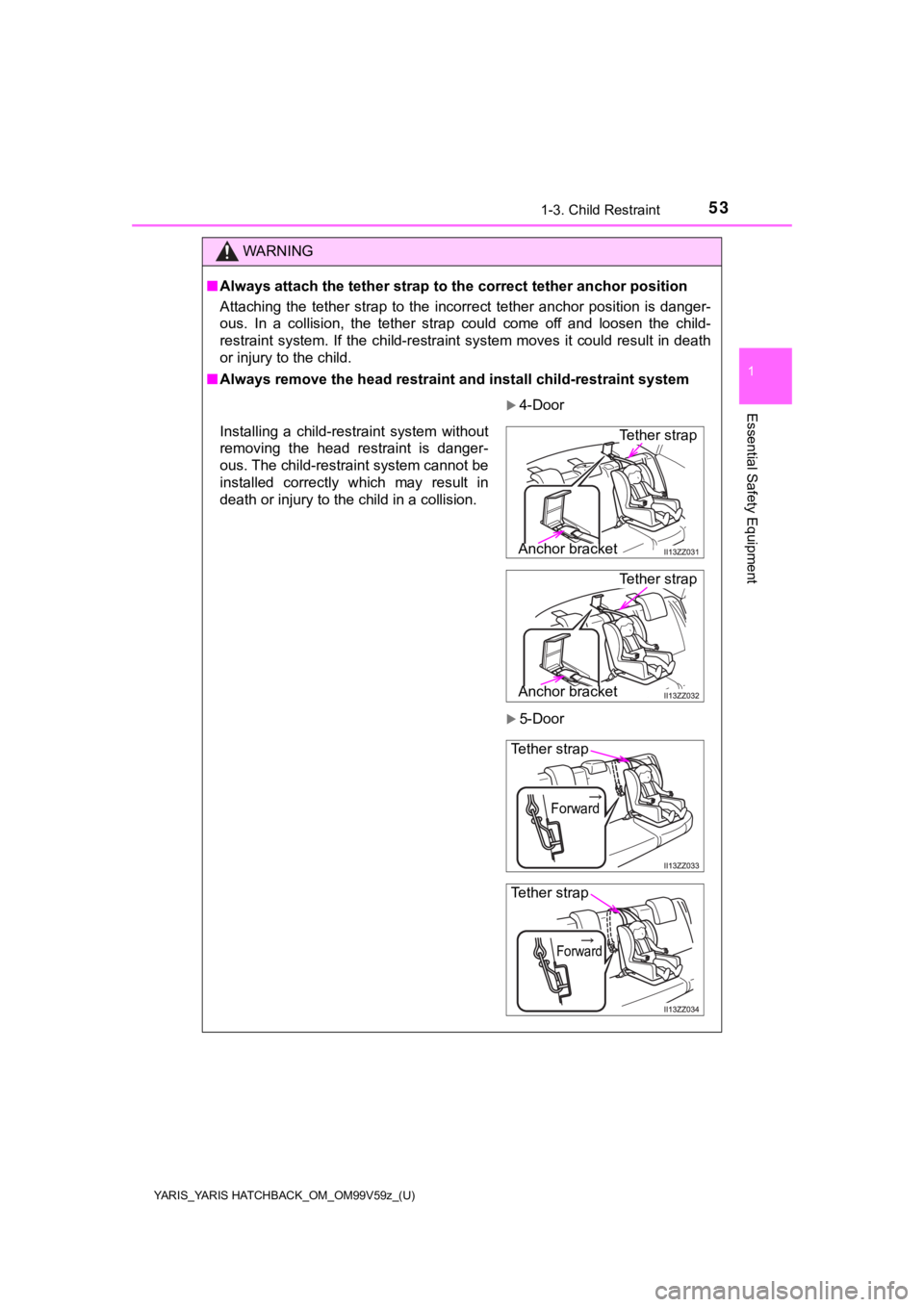 TOYOTA YARIS 2020 (in English) Workshop Manual YARIS_YARIS HATCHBACK_OM_OM99V59z_(U)
531-3. Child Restraint
1
Essential Safety Equipment
WARNING
■Always attach the tether strap to the correct tether anchor pos ition
Attaching the tether strap TOYOTA YARIS 2020 (in English) Workshop Manual YARIS_YARIS HATCHBACK_OM_OM99V59z_(U)
531-3. Child Restraint
1
Essential Safety Equipment
WARNING
■Always attach the tether strap to the correct tether anchor pos ition
Attaching the tether strap