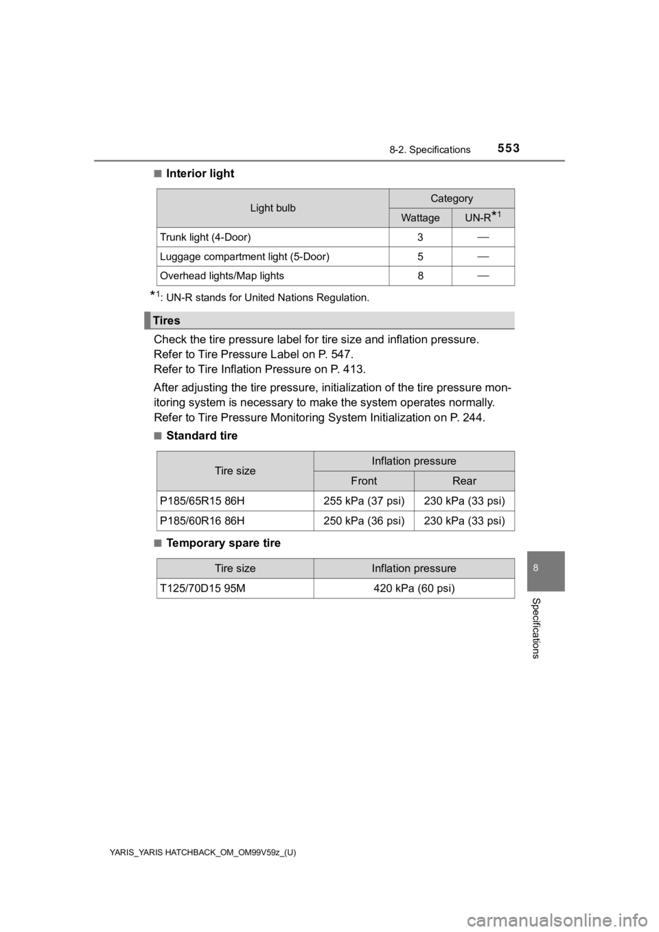 TOYOTA YARIS 2020 Owners Manual (in English) 5538-2. Specifications
YARIS_YARIS HATCHBACK_OM_OM99V59z_(U)
8
Specifications
■Interior light
*1: UN-R stands for United Nations Regulation.
Check the tire pressure label for tire size and inflation TOYOTA YARIS 2020 Owners Manual (in English) 5538-2. Specifications
YARIS_YARIS HATCHBACK_OM_OM99V59z_(U)
8
Specifications
■Interior light
*1: UN-R stands for United Nations Regulation.
Check the tire pressure label for tire size and inflation