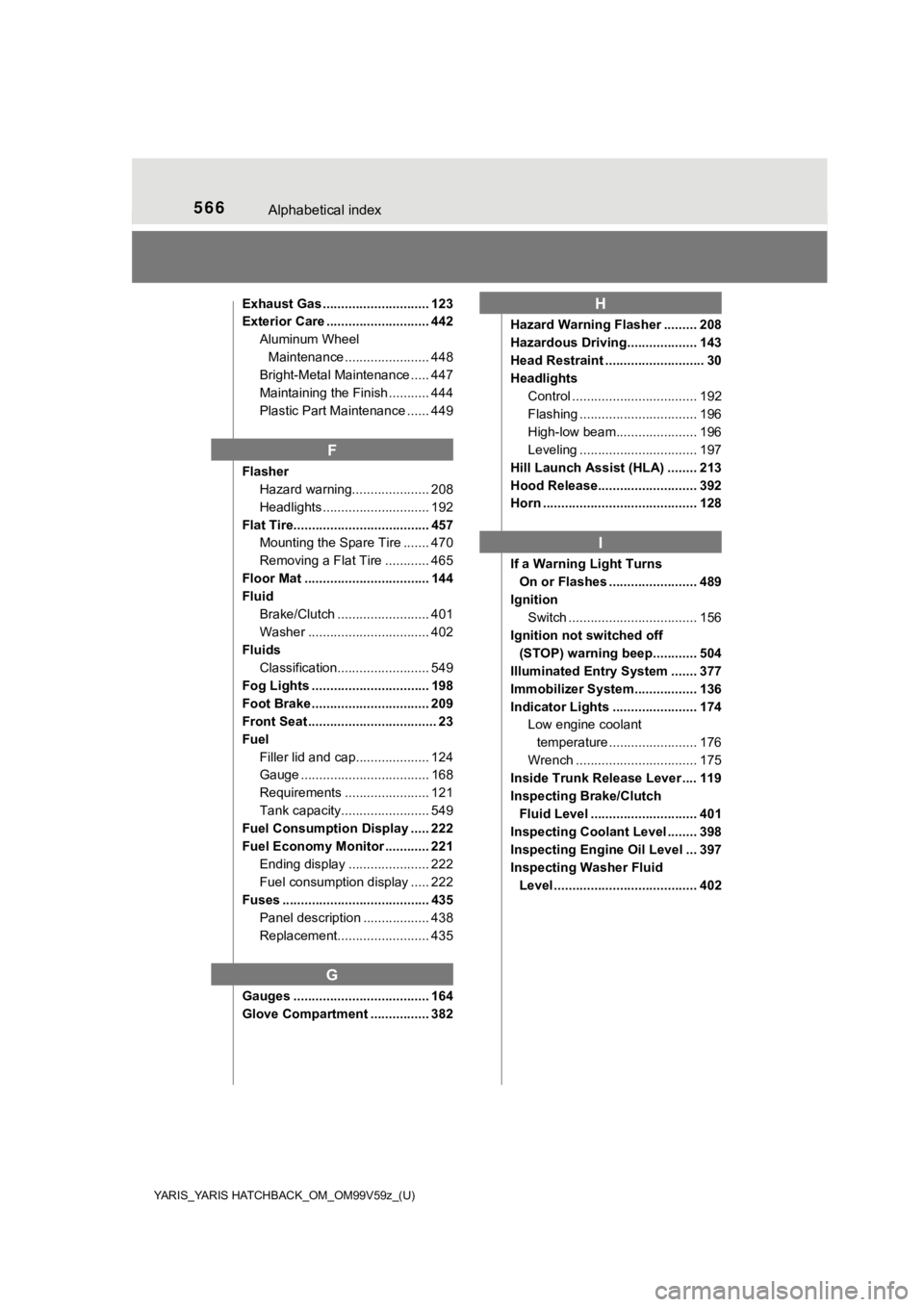 TOYOTA YARIS 2020  Owners Manual (in English) 566Alphabetical index
YARIS_YARIS HATCHBACK_OM_OM99V59z_(U)
Exhaust Gas ............................. 123
Exterior Care ............................ 442Aluminum Wheel Maintenance .....................