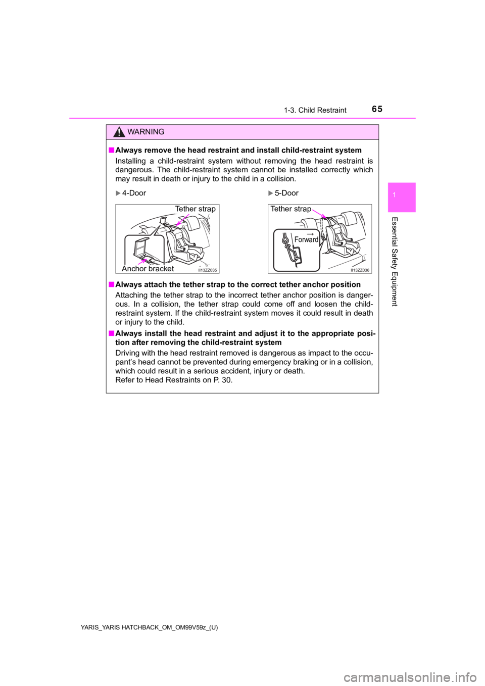 TOYOTA YARIS 2020 (in English) Repair Manual YARIS_YARIS HATCHBACK_OM_OM99V59z_(U)
651-3. Child Restraint
1
Essential Safety Equipment
WARNING
■Always remove the head restraint and install child-restraint sy stem
Installing a child-restraint TOYOTA YARIS 2020 (in English) Repair Manual YARIS_YARIS HATCHBACK_OM_OM99V59z_(U)
651-3. Child Restraint
1
Essential Safety Equipment
WARNING
■Always remove the head restraint and install child-restraint sy stem
Installing a child-restraint