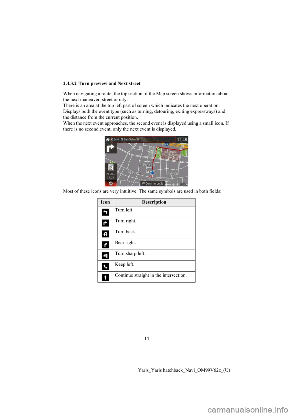TOYOTA YARIS 2020 Accessories, Audio & Navigation (in English) 14
Yaris_Yaris hatchback_Navi_OM99V62z_(U)
2.4.3.2 Turn previe
w and Next street
When navigating a route, the top section of the Map screen shows information about
the next maneuver, street or cit TOYOTA YARIS 2020 Accessories, Audio & Navigation (in English) 14
Yaris_Yaris hatchback_Navi_OM99V62z_(U)
2.4.3.2 Turn previe
w and Next street
When navigating a route, the top section of the Map screen shows information about
the next maneuver, street or cit