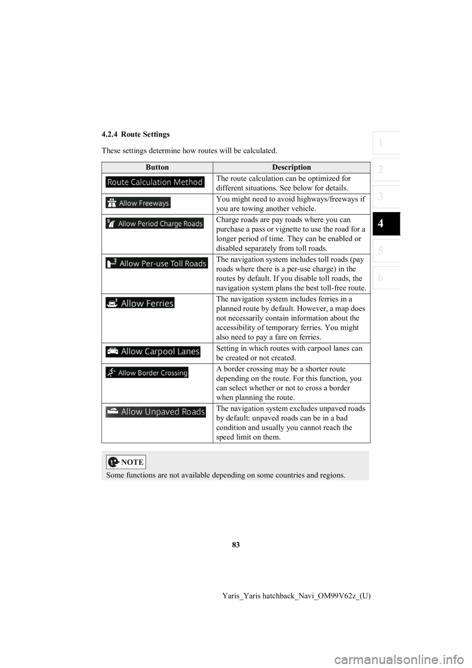 TOYOTA YARIS 2020 Accessories, Audio & Navigation (in English) 83
1
2
3
4
5
6
Yaris_Yaris hatchback_Navi_OM99V62z_(U)
4.2.4 Route Settings
These settings determine how routes will be calculated.
ButtonDescription
The route calculation can be optimized for
differ TOYOTA YARIS 2020 Accessories, Audio & Navigation (in English) 83
1
2
3
4
5
6
Yaris_Yaris hatchback_Navi_OM99V62z_(U)
4.2.4 Route Settings
These settings determine how routes will be calculated.
ButtonDescription
The route calculation can be optimized for
differ
