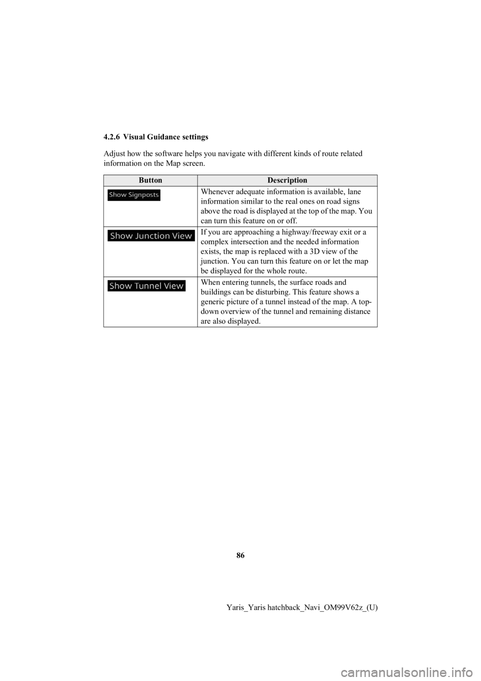TOYOTA YARIS 2020 Accessories, Audio & Navigation (in English) 86
Yaris_Yaris hatchback_Navi_OM99V62z_(U)
4.2.6 Visual Guidance settings
Adjust how the software helps you navigate with different kinds
of route related
information on the Map screen.
ButtonDescri TOYOTA YARIS 2020 Accessories, Audio & Navigation (in English) 86
Yaris_Yaris hatchback_Navi_OM99V62z_(U)
4.2.6 Visual Guidance settings
Adjust how the software helps you navigate with different kinds
of route related
information on the Map screen.
ButtonDescri