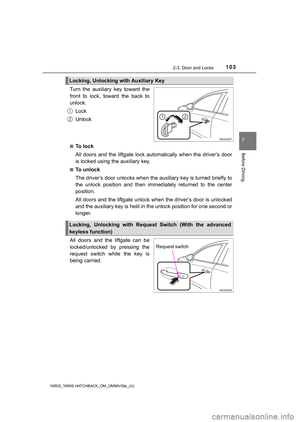 TOYOTA YARIS HATCHBACK 2020 (in English) Owners Manual YARIS_YARIS HATCHBACK_OM_OM99V59z_(U)
1032-3. Door and Locks
2
Before Driving
Turn the auxiliary key toward the
front to lock, toward the back to
unlock.Lock
Unlock
■To l o c k
All doo TOYOTA YARIS HATCHBACK 2020 (in English) Owners Manual YARIS_YARIS HATCHBACK_OM_OM99V59z_(U)
1032-3. Door and Locks
2
Before Driving
Turn the auxiliary key toward the
front to lock, toward the back to
unlock.Lock
Unlock
■To l o c k
All doo