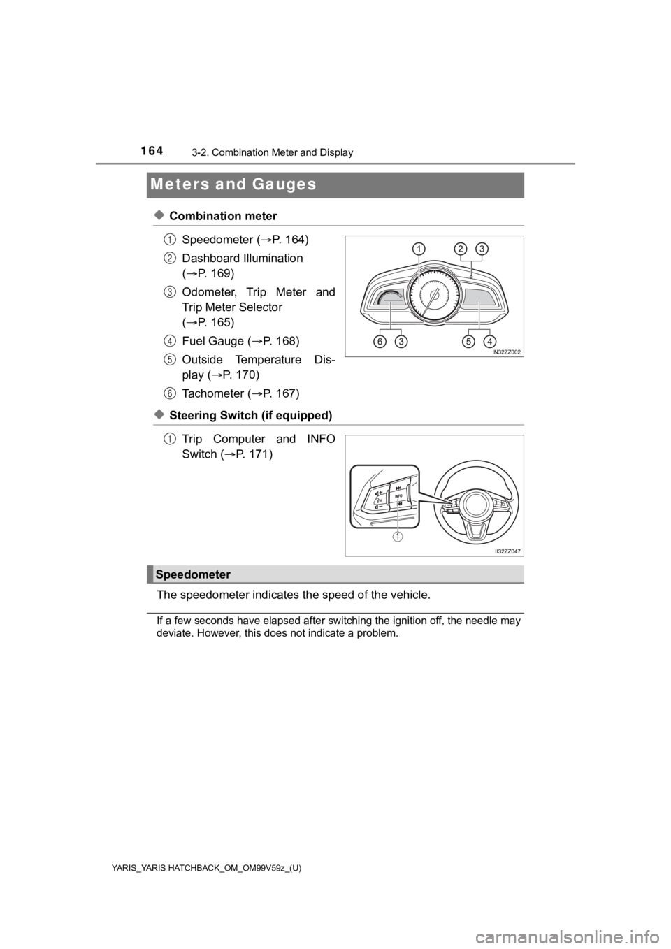 TOYOTA YARIS HATCHBACK 2020 Owners Manual (in English) 164
YARIS_YARIS HATCHBACK_OM_OM99V59z_(U)
3-2. Combination Meter and Display
Meters and Gauges
◆Combination meterSpeedometer ( P. 164)
Dashboard Illumination
( P. 169)
Odometer, Trip Meter TOYOTA YARIS HATCHBACK 2020 Owners Manual (in English) 164
YARIS_YARIS HATCHBACK_OM_OM99V59z_(U)
3-2. Combination Meter and Display
Meters and Gauges
◆Combination meterSpeedometer ( P. 164)
Dashboard Illumination
( P. 169)
Odometer, Trip Meter