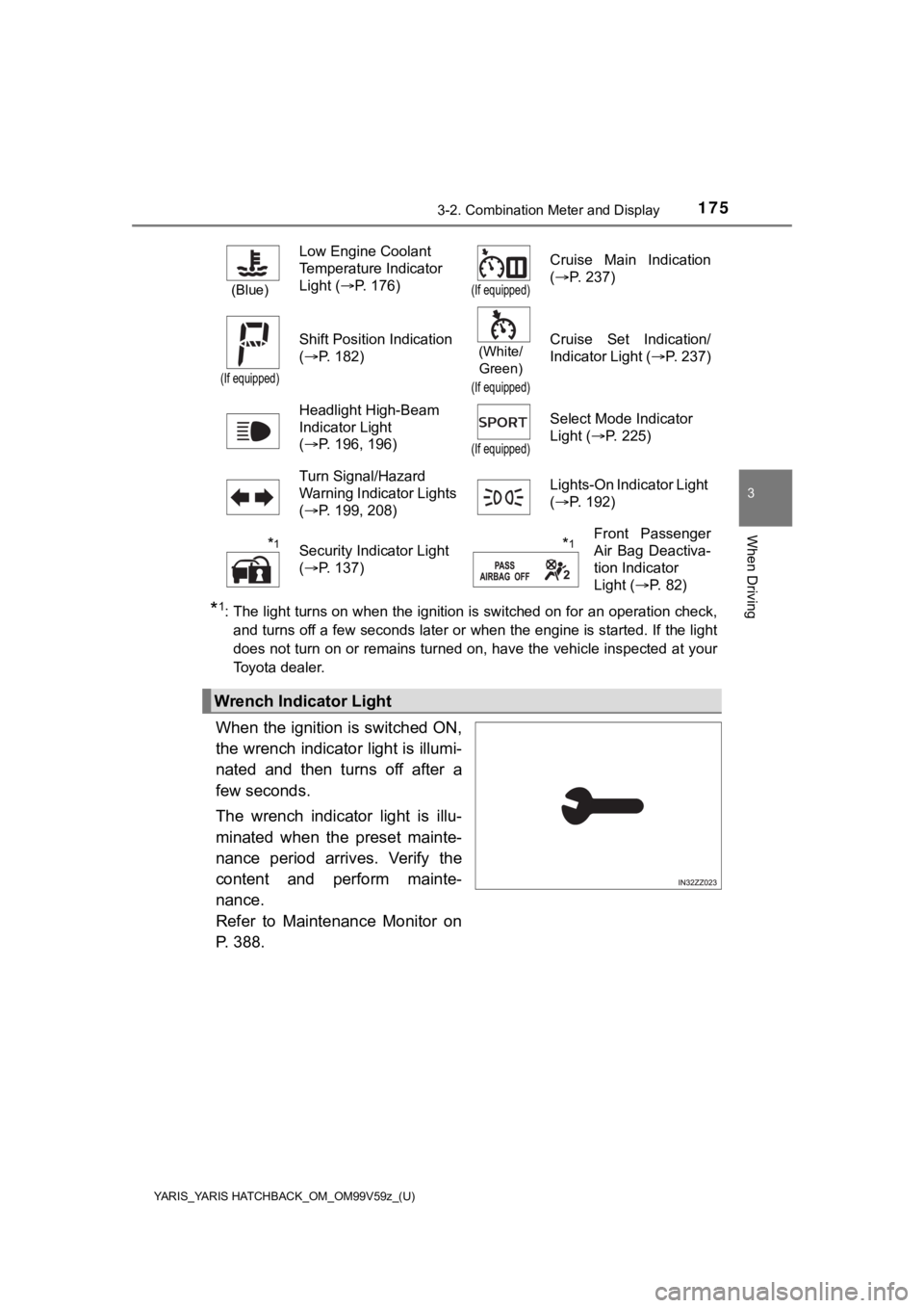 TOYOTA YARIS HATCHBACK 2020  Owners Manual (in English) YARIS_YARIS HATCHBACK_OM_OM99V59z_(U)
1753-2. Combination Meter and Display
3
When Driving
*1: The light turns on when the ignition is switched on for an operation check,
and turns off a few seconds l