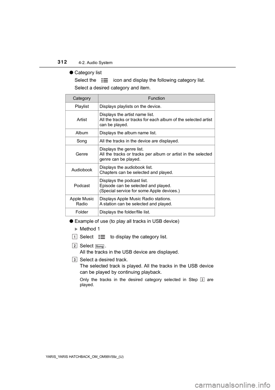 TOYOTA YARIS HATCHBACK 2020 (in English) Workshop Manual 312
YARIS_YARIS HATCHBACK_OM_OM99V59z_(U)
4-2. Audio System
●Category list
Select the icon and display the following category list.
Select a desired category and item.
● Example of use (to pla TOYOTA YARIS HATCHBACK 2020 (in English) Workshop Manual 312
YARIS_YARIS HATCHBACK_OM_OM99V59z_(U)
4-2. Audio System
●Category list
Select the icon and display the following category list.
Select a desired category and item.
● Example of use (to pla