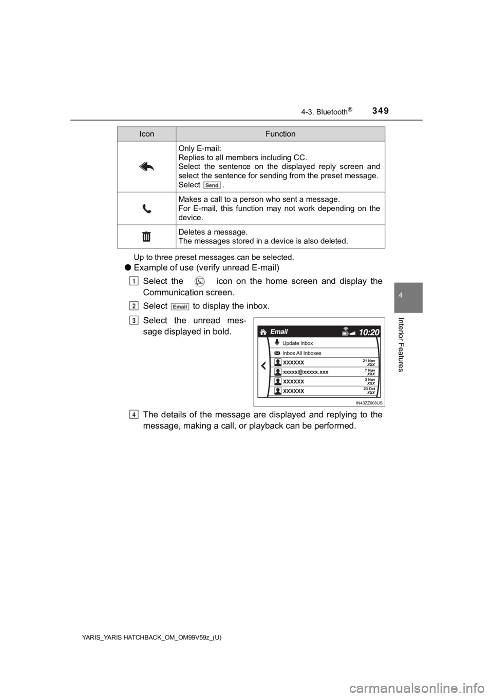 TOYOTA YARIS HATCHBACK 2020 Owners Manual (in English) YARIS_YARIS HATCHBACK_OM_OM99V59z_(U)
3494-3. Bluetooth®
4
Interior Features
Up to three preset messages can be selected.
●Example of use (verify unread E-mail)
Select the icon on the home TOYOTA YARIS HATCHBACK 2020 Owners Manual (in English) YARIS_YARIS HATCHBACK_OM_OM99V59z_(U)
3494-3. Bluetooth®
4
Interior Features
Up to three preset messages can be selected.
●Example of use (verify unread E-mail)
Select the icon on the home
